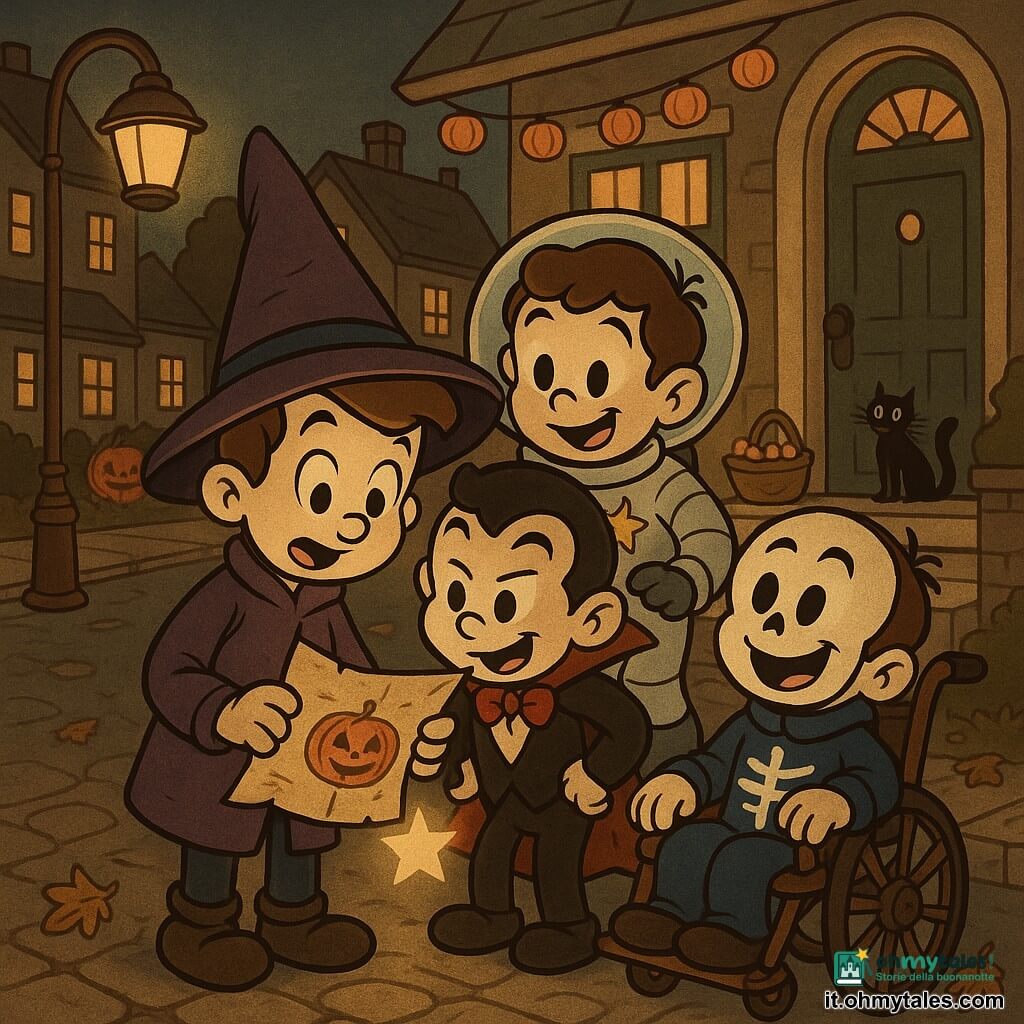 Ci sono quattro bambini: Leo, 8 anni, con un cappello da mago troppo grande e mantello viola, tiene la mappa piegata al centro del gruppo e guarda concentrato; Tommi, 8 anni, in costume da piccolo vampiro nero e rosso con sorriso malizioso, è a destra di Leo e si china per leggere la mappa; Sami, 8 anni, in tuta da astronauta bianca con una stella sul petto, tiene una torcia a forma di stella accesa che illumina la mappa; Nico, 8 anni, con maschera da scheletro sorridente e soprabito blu notte, seduto su una sedia a rotelle di legno con una foglia d’autunno incastrata in una ruota, ride; ambientazione: strada lastricata di un quartiere tranquillo di notte sotto un lampione dalla luce calda, case con finestre illuminate e decorazioni di Halloween (zucche intagliate e piccole lanterne arancioni), davanti alla casa della signora Pina con gradino in pietra, cesto di caramelle sulla soglia, porta verde e un gatto nero; situazione: i quattro riuniti sotto il lampione leggono una mappa con una zucca, volti curiosi e gioiosi, luce calda sui loro visi, foglie secche che scricchiolano, atmosfera di caccia al tesoro di Halloween.