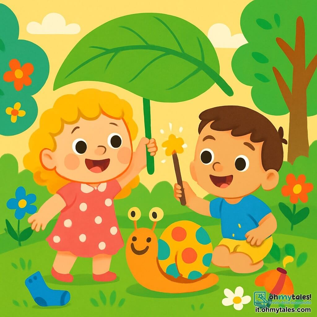Ci sono 3 personaggi: Mia, una bambina di 3 anni con capelli ricci e dorati, che indossa un vestito rosa a pois bianchi e sorride tenendo una grande foglia verde sopra la testa come se fosse una bacchetta magica; Leo, un bambino di 3 anni con capelli castani e un grande sorriso, che indossa una maglietta blu e pantaloni gialli, agitando un bastone magico che brilla leggermente, seduto sull'erba accanto a Mia; Luma, una lumaca divertente con un guscio a pois colorati, che si trova a terra guardando i bambini con occhi scintillanti. La scena si svolge in un giardino incantato, pieno di fiori dai colori vivaci, alberi alti con foglie brillanti e un prato verde e morbido. Mia e Leo cercano la merenda magica perduta, ridendo e divertendosi, mentre Luma li incoraggia con un grande sorriso, circondati da oggetti divertenti come un calzino blu e un ombrello piccolo, aggiungendo un tocco di umorismo alla scena.