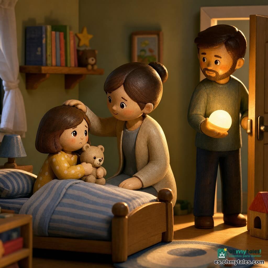 Niña de 4 años de rostro redondo y mejillas rosadas, ojos grandes y preocupados, abraza un osito de peluche beige y está sentada al borde de una cama con edredón a rayas azules; tiene pelo castaño en carré y viste una camisón amarillo de lunares, con expresión temerosa pero valiente, manos apretadas y hombros algo encogidos. Una mujer (madre, ~30 años) con el pelo en moño sonríe suavemente y acaricia la cabeza de la niña, sentada junto a la cama y mirándola con calma. Un hombre (padre, ~32 años) con ligera barba está junto a la puerta entreabierta, una mano en el pomo y la otra sujetando una pequeña luz nocturna redonda que emite una luz cálida y suave. La habitación es pequeña y acogedora: pared verde pálido, estantería de madera con libros coloridos y una lámpara de noche apagada, cortina blanca que se agita y un rincón oscuro con una sombra alargada; la niña mira esa sombra mientras la luz dorada de la luz nocturna crea contrastes marcados y sombras largas, con texturas de madera y tela visibles. Estilo: diorama de juguetes de madera, colores saturados pero suaves, texturas mates, composición simple y siluetas claras, atmósfera nocturna reconfortante.
