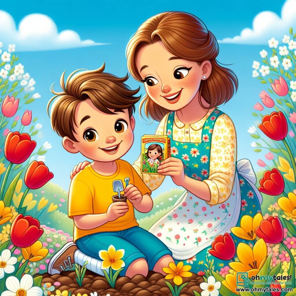 A 10-year-old boy, Max, with messy brown hair and sparkling joyful eyes, is crouched in a colorful garden, holding a small packet of seeds in his hands. He wears a bright yellow t-shirt and blue shorts, and his face radiates excitement as he prepares to plant flowers. Next to him, his mother, a woman in her thirties with brown hair tied in a bun, smiles warmly while holding a small shovel. She wears a floral apron and leans slightly towards Max, encouraging him tenderly. The garden is a true spring tableau, filled with vibrant flowers: red tulips, white daisies, and yellow daffodils, all under a light blue sky dotted with fluffy clouds. The main scene shows Max and his mother planting seeds together, symbolizing the start of a new spring adventure, surrounded by the beauty of awakening nature.
