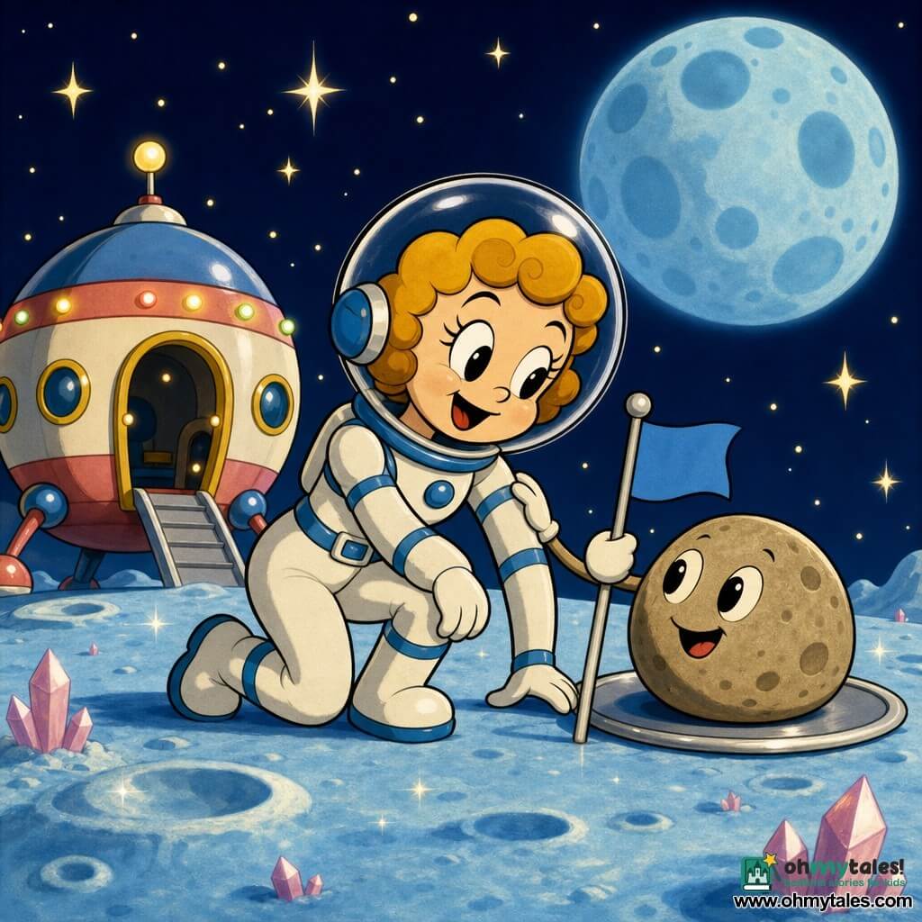 A smiling, amazed female astronaut with short curly hair in a shiny white-and-blue suit gently plants a small blue flag with her right hand; she has large round eyes, rosy cheeks, and a confident pose. A friendly round rock with painted eyes and a smile rolls beside her and touches her as a greeting, sitting on a shiny patch of the pale blue lunar surface streaked with sparkles and small pink crystals. A round colorful spaceship with its hatch open, round windows and soft blinking lights sits in the left background. The deep indigo sky is dotted with star-like yellow lights and a large blue moon behind her. The scene is calm and warm as she smiles, plants the flag, and touches her rock friend.