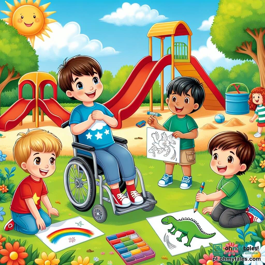 Em um parque ensolarado, vemos quatro crianças brincando juntas. Leo, um menino de 7 anos, está em sua cadeira de rodas. Ele tem cabelo castanho e usa uma camiseta azul com estrelas, sorrindo alegremente enquanto segura um desenho de céu e estrelas. Tomás, um menino de 6 anos, tem cabelo loiro e usa uma camiseta vermelha, ao lado de Leo, pronto para ajudá-lo a desenhar. Miguel, um menino de 7 anos, tem cabelo preto e usa uma camiseta verde, sentado na grama, desenhando um dinossauro e olhando para Leo com admiração. João, um menino de 6 anos, tem cabelo castanho e usa uma camiseta amarela, de pé atrás de Miguel, cantando alegremente. O parque está cheio de flores coloridas e árvores verdes, com um grande escorregador vermelho e uma caixa de areia ao fundo. A cena mostra Leo, cercado por seus amigos, compartilhando sua paixão pelo desenho e pela imaginação, todos unidos em um momento de alegria e criatividade.