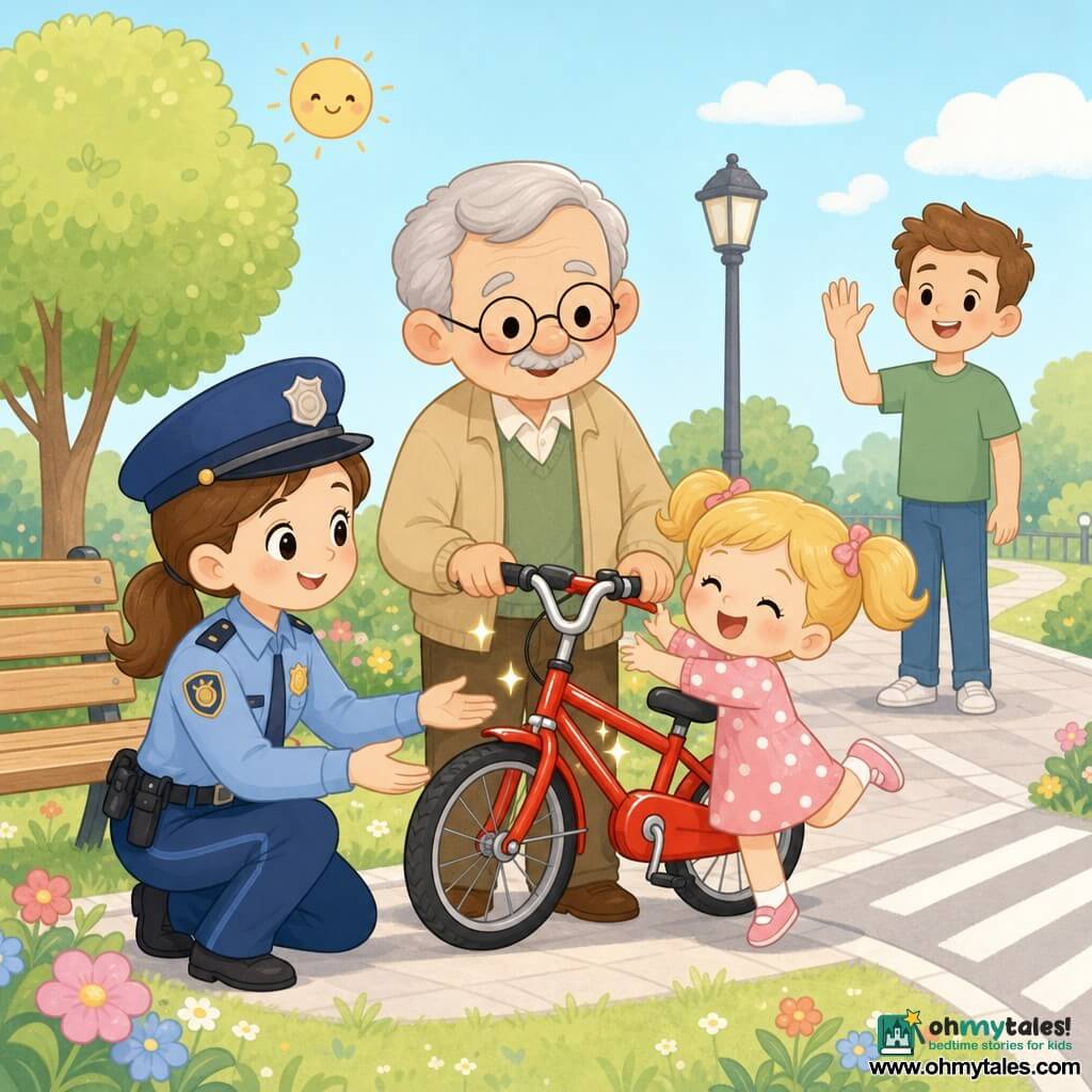 A smiling, kind female police officer with a brown ponytail, light-blue uniform and small round yellow badge kneels to hand back a shiny red bicycle, while a little girl (about 5) with blonde pigtails in a pink polka-dot dress clutches the bike and jumps for joy beside her; an elderly grandfather (about 70) with gray hair, round glasses and a beige jacket holds the handlebars near a light wooden bench and smiles gently, and a father (about 35) in a green t-shirt waves from a paved path in the background; a sunny small park with a soft green lawn, round-foliage tree, colorful flowers, simple lamppost and white-patterned crosswalk; soft morning light, pastel palette (sky blue, pink, mint, pale yellow); composition centered on the bike handover, characters close together, round faces with exaggeratedly kind expressions, crisp outlines and simple shapes; minimal kawaii style, clean background, flat textures and very light shading.