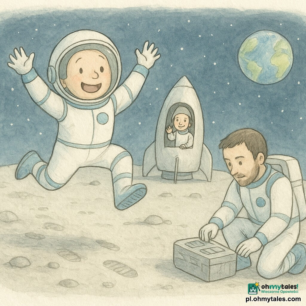 Marek, astronauta, z twarzą widoczną przez przezroczyste okrągłe hełm, wesoły i zdumiony, w białym skafandrze z niebieskimi detalami, skacze wysoko po powierzchni Księżyca jak duży kangur; obok za nim niewielka srebrna rakieta z otwartym włazem, z którego uśmiechnięta koleżanka około 30 lat, krótkie włosy pod czapką, macha ręką, po prawej kucający kolega około 32 lat z lekką brodą kontroluje walizkę z przyrządami; miejsce: szara, pylasta powierzchnia księżyca z odciskami stóp i małymi zaokrąglonymi skałami, zakrzywiony horyzont i ogromna niebieska Ziemia na czarnym niebie z delikatnymi gwiazdami; sytuacja: Marek radośnie skacze, za nim ślady stóp, koledzy patrzą z podziwem — łagodna atmosfera, pastelowe kolory, proste zaokrąglone linie.