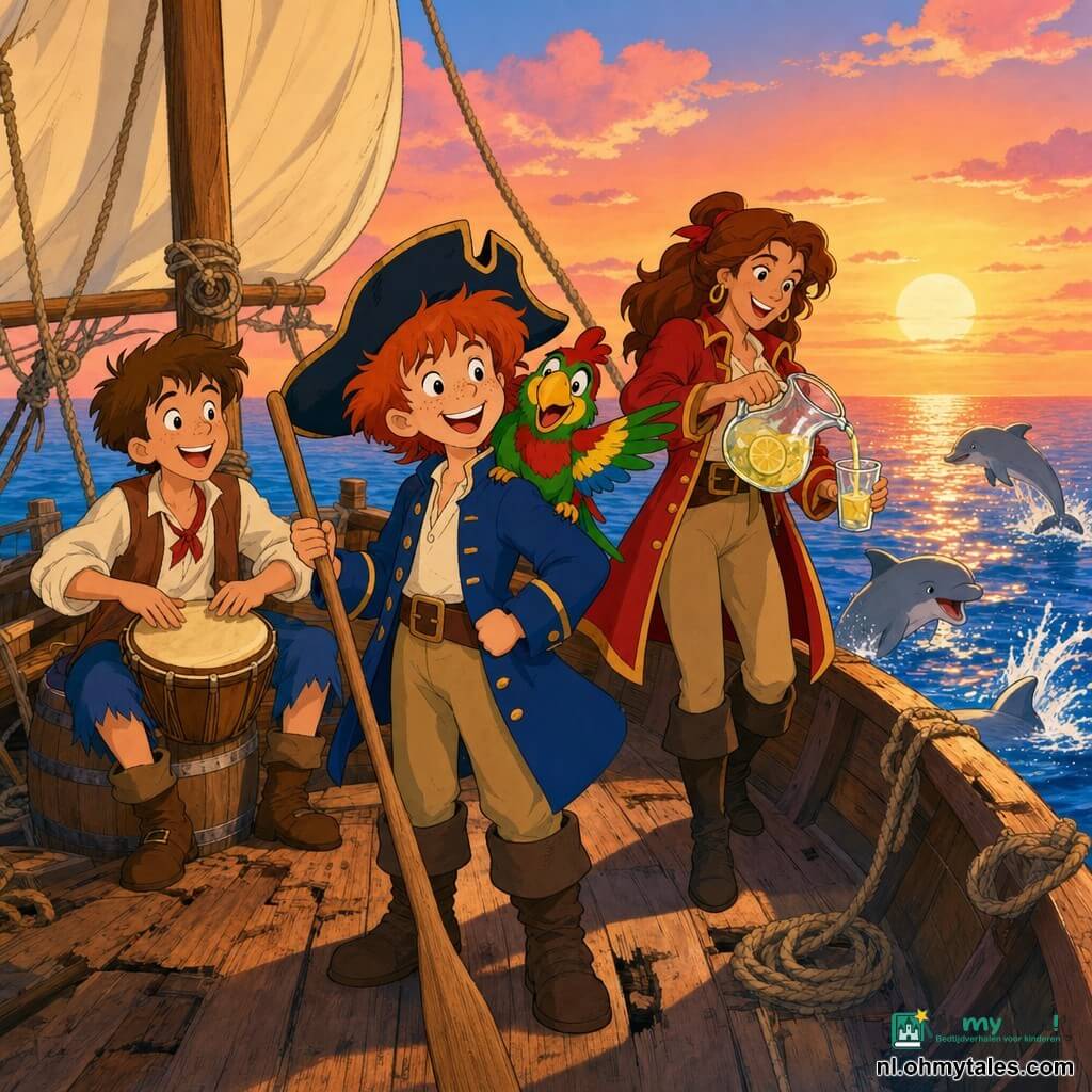 Sam is een jongen, gelukkig en trots, breed glimlachend, rood warrig haar, scheef piratenhoed, blauwe jas met gouden knopen, staand op het dek van een klein houten bootje met een roeispaan; Pico is een kleurrijke papegaai op Sams rechterschouder, groene, rode en gele veren, guitige blik; Tim is een tienerjongen met kort bruin haar, vrolijk, zittend op een ton naast Sam en spelend op een houten trommel; kapitein Roos is een sterke, glimlachende vrouw met leren laarzen en rode mantel die limonade inschenkt uit een karaf bij de reling; zilvergriijze dolfijnen springen naast de boot en spatten water; het kleine zeilbootje heeft versleten planken en zichtbare touwen, de zee is kalm met oranje-roze zonsondergangreflecties en enkele roze wolken; sfeer van een overwinningfeest na een redding, warme dynamische avondlicht en gelach, compositie gecentreerd op Sam en Tim omringd door vrienden en zee.