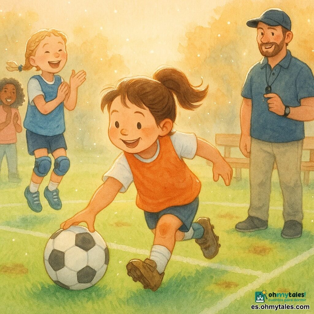 Sofía, niña, rostro radiante y sonrisa segura, coleta castaña, chaleco naranja arrugado y tacos embarrados, corre extendiendo la mano para recoger un balón blanco y negro; una amiga de unos 9 años, rubia con trenzas, a la izquierda aplaude mientras salta, con chaleco azul y rodilleras; el entrenador Paco, unos 35 años, barba ligera y gorra, sostiene un silbato y sonríe junto a un banco de madera a la derecha; dos padres de 30–40 años aplauden desde la línea de banda con una botella de agua y una mochila; campo de césped verde con líneas blancas y manchas de tierra, luz cálida de atardecer; momento alegre y responsable en que Sofía devuelve la pelota, ambiente cálido y tierno.