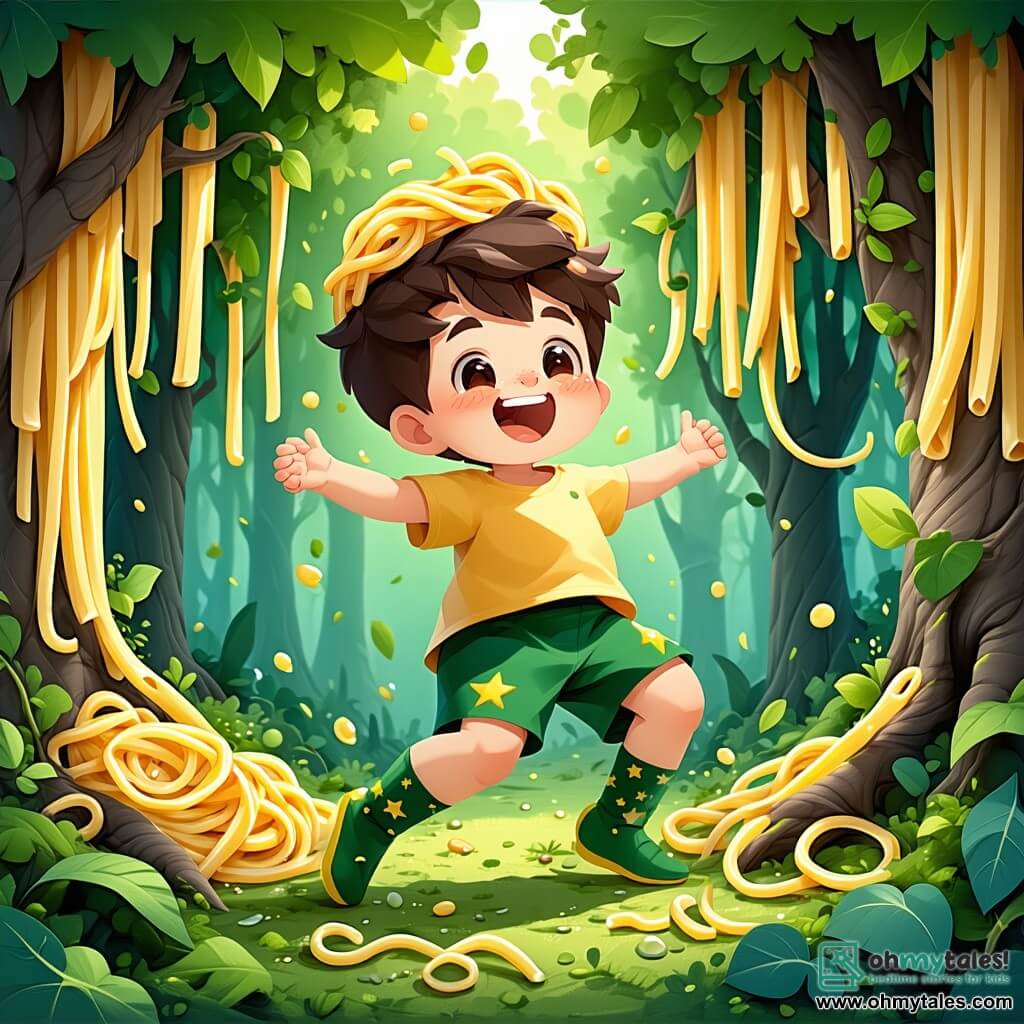 A 3-year-old boy named Timmy, with tousled brown hair and a big amazed smile, wears shiny green socks with yellow stars. He joyfully dances in the middle of a noodle forest, his arms raised, surrounded by long pasta hanging from the trees like vines. Next to him, a jovial meatball king with a spaghetti crown jumps on a pile of spaghetti, laughing and encouraging Timmy to dance. In the background, colorful fish leap out of a rainbow pond, singing cheerful songs, their scales sparkling in the sun. The setting is a fantastical forest where the trees are made of noodles and the leaves are cheese, creating a playful and absurd atmosphere. The main scene shows Timmy dancing with the fish, the meatball king laughing nearby, while the sun reflects off the pond, adding a touch of magic to this joyful and whimsical scene.