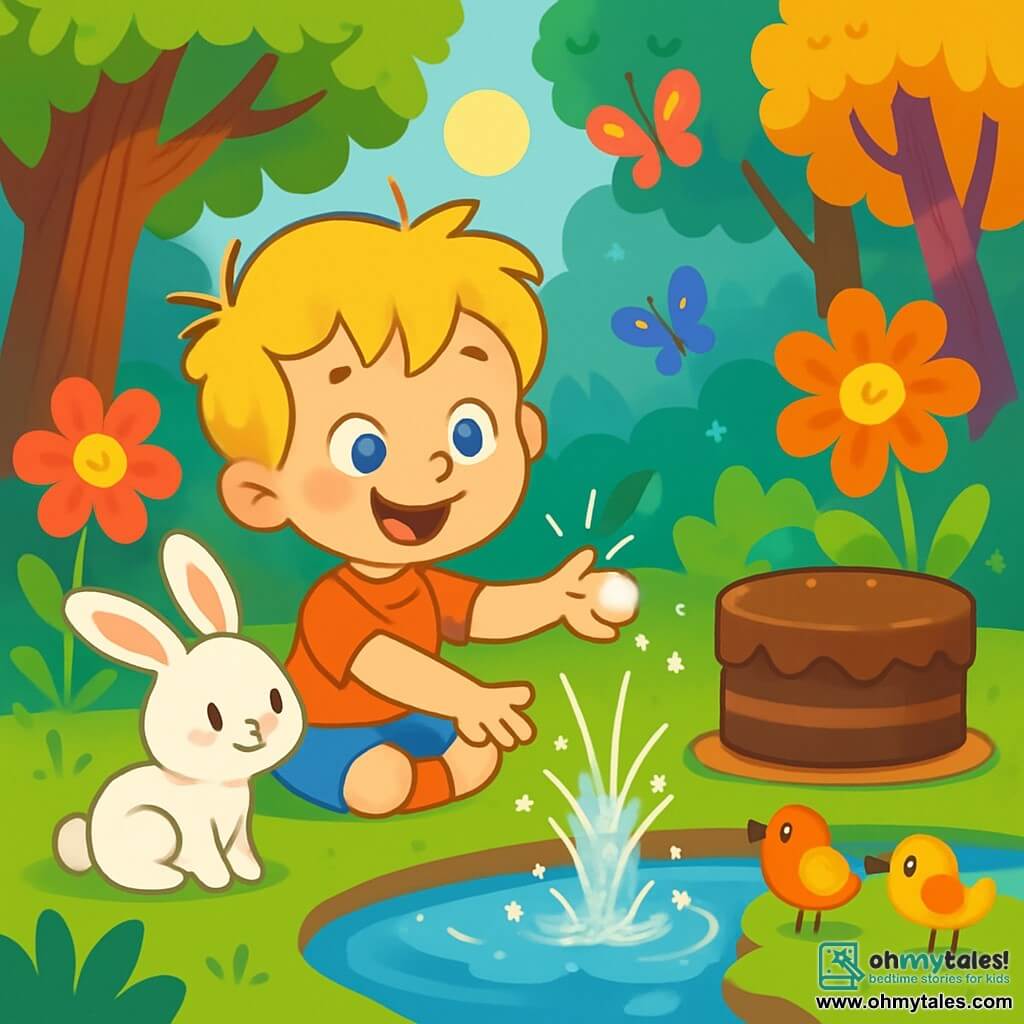 A 4-year-old boy named Oliver, with messy blonde hair and sparkling blue eyes, is sitting on the soft grass of an enchanted forest. He has a big, amazed smile on his face, holding a shiny little stone in his hands. Next to him is a small white rabbit named Benny, with big ears and fluffy fur, looking at Oliver with mischievous eyes, ready to join him on an adventure. The setting is a magical forest filled with majestic trees with colorful leaves, singing flowers with bright petals, and a sparkling pond reflecting the sun's rays. In the background, colorful butterflies flutter around giant flowers. The scene shows Oliver throwing the magic stone into the pond, creating sparkling splashes, while a large chocolate cake suddenly appears on the shore, surrounded by curious little birds approaching to taste it.
