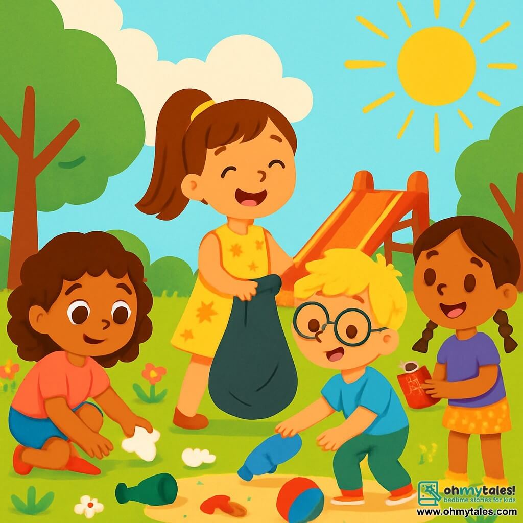 There are 4 children: - Lily: a 7-year-old girl with big brown eyes and curly hair. She wears a pink t-shirt and denim shorts. She is crouching, picking up a piece of paper. - Mia: a 7-year-old girl with a big smile and straight hair tied in a ponytail. She wears a yellow flowered dress. She is standing, holding a trash bag. - Sam: a 6-year-old boy with messy blonde hair and glasses. He wears a blue t-shirt and green pants. He is picking up a plastic bottle. - Zoe: a 6-year-old girl with brown hair in braids. She wears a purple t-shirt and polka dot shorts. She is standing, picking up a can. The location is a sunny playground surrounded by green trees and colorful flowers. The ground is covered with scattered toys and litter, but the children are working together to clean it up. The main scene shows the children enthusiastically picking up trash. They are smiling, singing, and passing items to put in the bag. The atmosphere is joyful and energetic, with sunlight illuminating the scene.