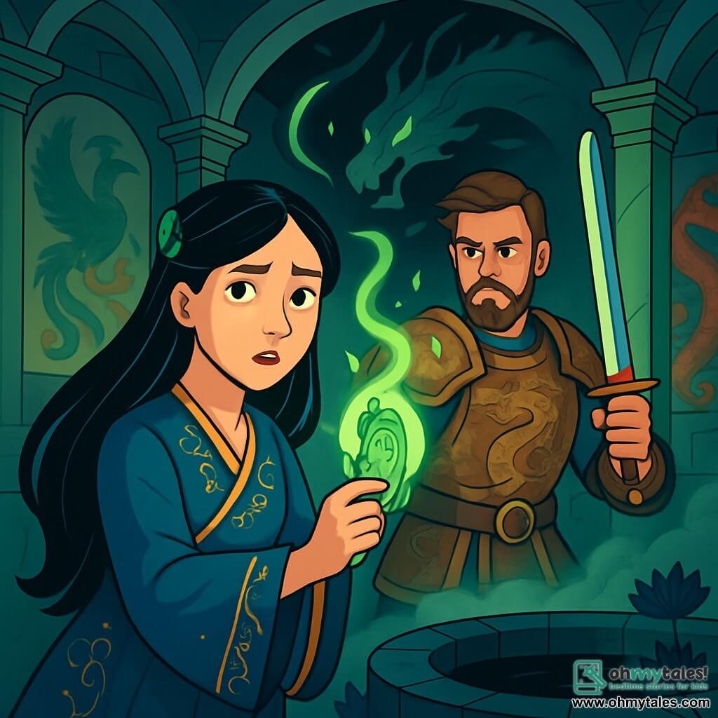 A young woman, Lin Yue, stands at the edge of a dark well, her eyes shining with determination and fear. She has long, silky black hair adorned with a jade comb and wears a deep blue silk dress embroidered with golden patterns. Her hands tremble slightly as she holds a jade talisman glowing with a green light. Next to her, a man, General Xu, around 30 years old, stands in a defensive position, his gaze intense and protective. He is dressed in bronze armor decorated with dragons, and his sword is raised, ready to face danger. He stands slightly back, observing the shadows dancing around them. The setting is an ancient chamber with walls adorned with frescoes of dragons and phoenixes, marble columns, and a vaulted ceiling. In the center, a gaping well, black as ink, emits a cold, mysterious mist, while black lotuses wilt around it. The main situation shows Lin Yue, determined to confront the dragon emerging from the shadows, as flashes of green magic illuminate the room, creating a tense and magical atmosphere.