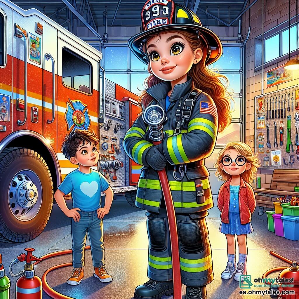 Valeria, una valiente bombera, se encuentra en el centro de la imagen, sonriendo y decidida, con su casco brillante y su chaqueta roja. Sus cabellos castaños están recogidos en una coleta, y sostiene una manguera de incendios, lista para actuar. A su lado, Diego, un niño de diez años con cabello rizado y ojos brillantes, observa con admiración, con las manos en las caderas, vestido con una camiseta azul y un short. Carla, una niña de nueve años con cabello rubio y gafas redondas, se encuentra un poco más atrás, con los ojos muy abiertos, fascinada por el equipo de rescate. 

La escena tiene lugar en una colorida estación de bomberos, con un gran camión rojo aparcado al fondo, herramientas de rescate colgadas en las paredes y carteles de seguridad exhibidos alrededor. El suelo es de cemento, y una luz brillante ilumina el espacio, creando una atmósfera dinámica y alegre. 

La situación principal muestra a Valeria explicando a los niños la importancia de la seguridad contra incendios, mientras les enseña cómo usar una manguera. Los niños, cautivados, escuchan atentamente, listos para aprender y convertirse en futuros héroes de su comunidad.