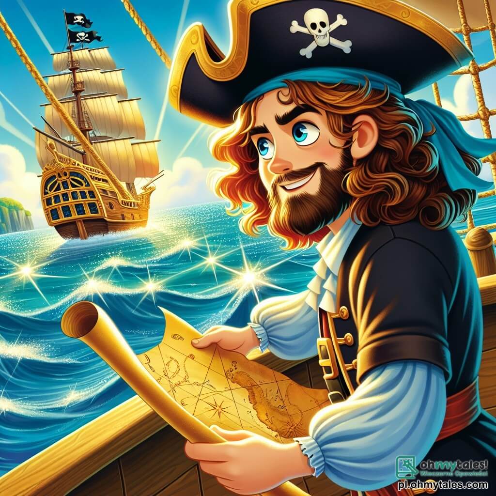 Główny bohater, mężczyzna o imieniu Jack Wilkins, jest odważnym piratem w wieku około trzydziestu lat, z długimi kręconymi włosami i niebieskimi oczami jak ocean. Stoi na pokładzie swojego statku "Czarny Drapieżca", z determinowanym uśmiechem na twarzy, trzymając mapę skarbu w jednej ręce i wskazując horyzont drugą, gotowy do przygody. Obok niego stoi Sam "Skrzydlaty" O'Malley, jego wierny pierwszy oficer, mężczyzna w wieku około trzydziestu lat z rudą brodą i figlarnymi oczami. Uważnie bada mapę, pochylony do przodu, z wyrazem ekscytacji zmieszaną z niepokojem, gotowy słuchać wskazówek Jacka. Tło to lśniący ocean pod jasnoniebieskim niebem, z łagodnymi falami rozbijającymi się o statek. W tle tajemniczy i majestatyczny złoty statek, legendarny okręt piratów, wyłania się na horyzoncie, oświetlony słońcem, tworząc atmosferę przygody i tajemniczości. Sytuacja pokazuje Jacka i Sama, gotowych do rozpoczęcia ekscytującej wyprawy w poszukiwaniu ukrytego skarbu, z wiatrem w żaglach i wyczuwalnym podekscytowaniem w powietrzu, symbolizując początek wielkiej przygody na morzu.