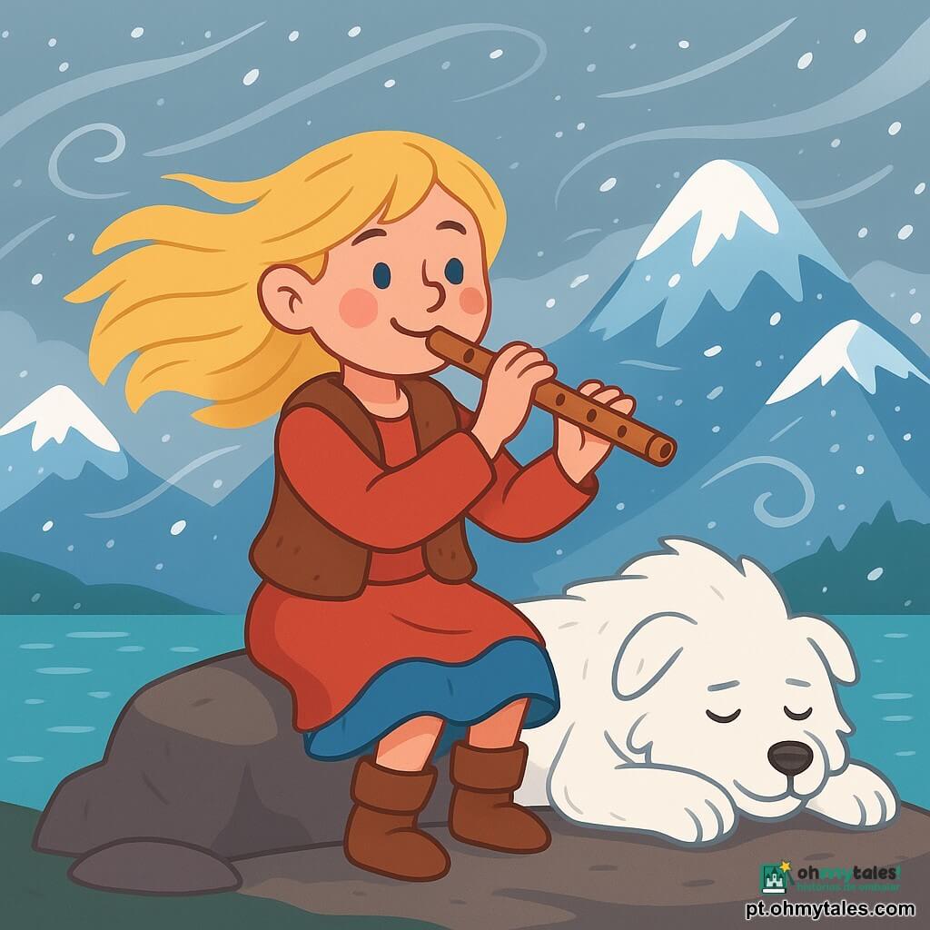Freyja, uma jovem com cabelos loiros como palha e olhos azul glaciar, está em uma grande rocha à beira de um fiorde. Ela sorri com determinação, as bochechas rosadas pelo frio, e toca flauta de madeira, seus dedos finos dançando sobre os buracos do instrumento. Ao seu lado, um grande cão de pelos espessos e brancos como a neve está deitado, com os olhos fechados, ouvindo a melodia com um ar pacífico. Ao fundo, majestosas montanhas cobertas de neve cintilante se erguem sob um céu cinza, enquanto o Vento do Norte sopra, criando redemoinhos de neve no ar. A cena transmite uma atmosfera de magia e serenidade, onde a música de Freyja parece acalmar o poderoso vento ao seu redor.