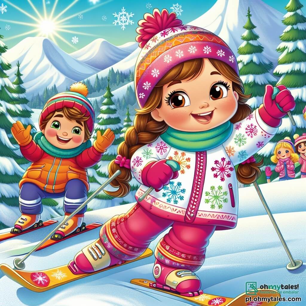Uma menina de 6 anos, Clara, com longos cabelos castanhos e bochechas rosadas, esboça um grande sorriso enquanto esquia em uma pista coberta de neve. Ela usa uma roupa de esqui colorida, com padrões de flocos de neve, e seus olhos brilham de excitação. Ao seu lado, sua melhor amiga Lúcia, também de 6 anos, com cabelos loiros trançados e um gorro vermelho, a incentiva levantando os braços, cheia de energia. Ao fundo, um grupo de crianças, incluindo um menino chamado Pedro, com cabelos castanhos e um sorriso radiante, aplaude Clara enquanto segura bastões de esqui. O cenário é uma linda montanha coberta de neve cintilante, com pinheiros verdes e um céu azul brilhante. A cena principal mostra Clara superando suas dúvidas e se divertindo com seus amigos em uma corrida de esqui, repleta de alegria e amizade.