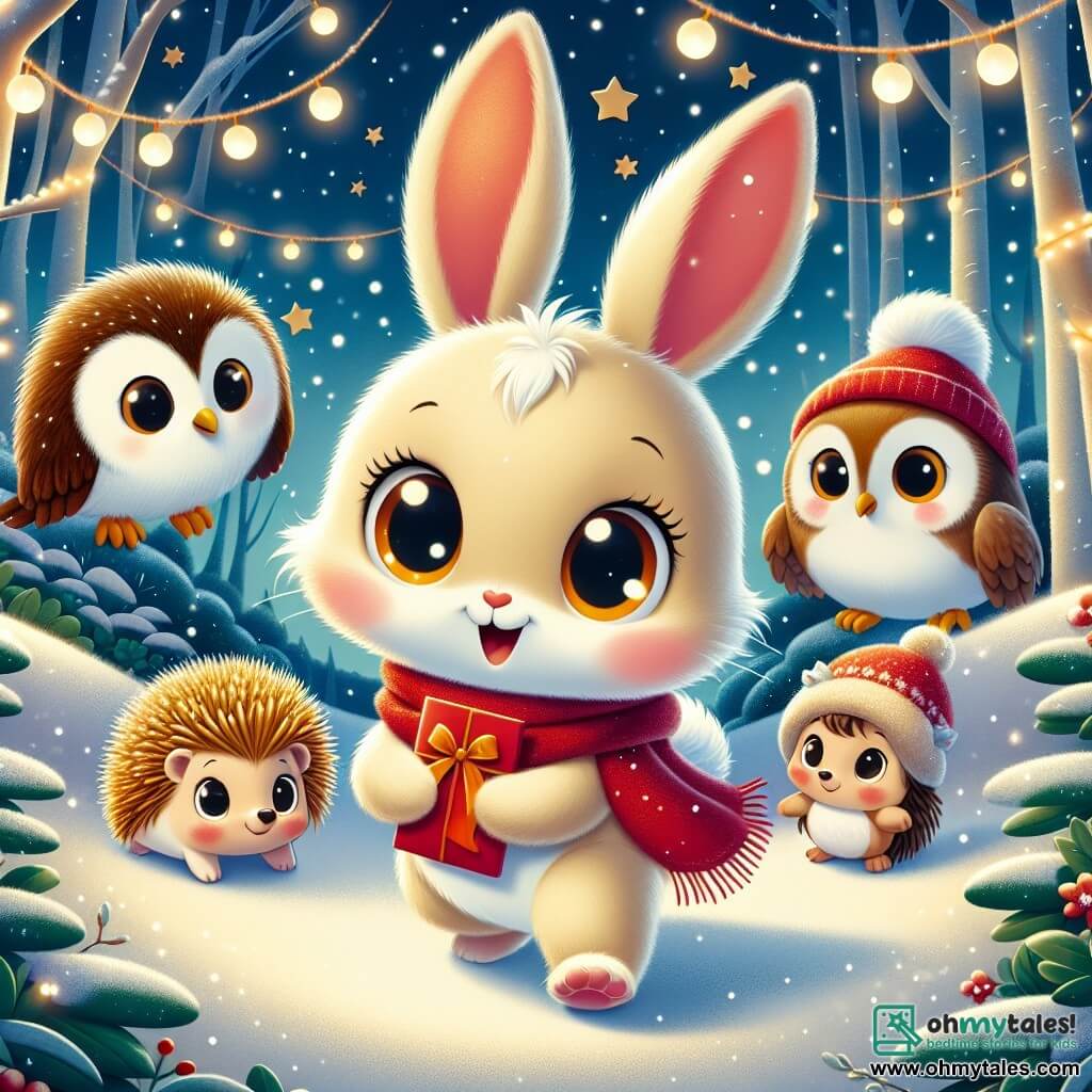In the center of the image, Benny the little bunny, with soft, fluffy cream-colored fur and bright round eyes, expresses great excitement while holding a red letter in his small paws. He is surrounded by gently falling snowflakes, adding a magical touch to the scene. To his right, Tilly the hedgehog, with her golden spikes and a small red woolen hat, is joyfully bouncing in place, eager to start the adventure. On the left, Max the owl, with his brown feathers and large round glasses, looks wise, his eyes sparkling with enthusiasm, ready to guide them to the North Pole. The setting is an enchanted forest, where the trees are covered in shimmering snow and light garlands, creating a fairy-tale atmosphere. In the background, bright stars can be seen in a night sky, enhancing the magic of the scene. The main situation shows Benny and his friends preparing to embark on an adventure, with a palpable sense of excitement in the air, ready to help Lily the mouse find her friend Twinkle.