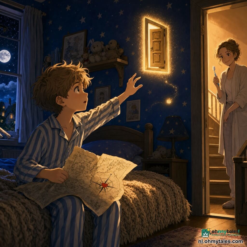 Een 10‑jarige jongen, ontroerd en nieuwsgierig, met warrig kastanjebruin haar en gestreepte pyjama, zit op de rand van zijn bed en reikt naar een kleine lichtdeurtje dat boven zijn deken zweeft; op zijn knieën een verkreukelde papieren kaart met fijne lijnen en een klein rood hart op het kompas. Onderaan de trap verschijnt een vrouw van ongeveer 35 jaar, zachte silhouet, haar opgeschoren, glimlachend en roepend, een tandenborstel in haar rechterhand, in de deuropening iets terughoudend. Een minuscule gouden lichtdeeltje zweeft nabij de deur. Kinderkamer bij schemering: nachtblauwe muren met geschilderde sterren, open raam met een heldere maan, beige gebreide deken, knuffels op een plank, nachtlampje uit om het deurtje te laten stralen. Moment bevroren en magisch — de jongen aarzelt maar strekt voorzichtig zijn hand naar de deur; tedere, lichte en licht mysterieuze sfeer, zachte contrasten tussen schaduw en gouden halo. Grafische stijl: fijne manga‑lijnen, expressieve gezichten, warme kleuren met diepe blauwtinten en gouden geel, zichtbare stoftexturen en zacht, dramatisch licht.