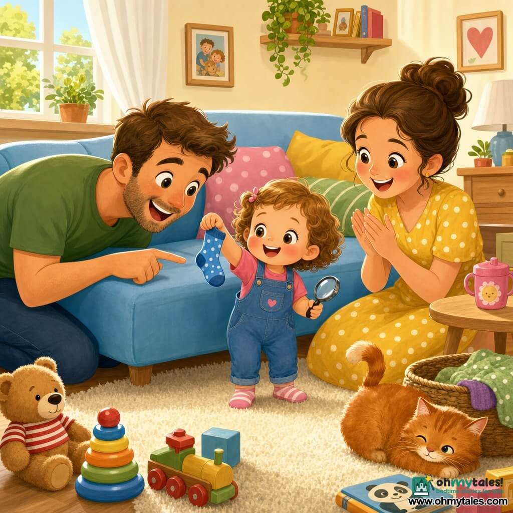 A joyful, focused 2-year-old girl with short light-brown curly hair and rosy cheeks smiles as she discovers a small blue slipper in her hands; her mother (30–35, hair in a bun, yellow polka-dot dress) crouches to the right clapping gently with a warm look, and her father (30–35, stubble, green t-shirt) stands to the left bowing playfully and pointing at the found slipper; a ginger cat lies near a basket blinking and wagging its tail. Bright living room with a cream rug, light-blue sofa, colorful cushions, light-wood table and scattered toys, soft light from a large window. Main scene: little detective finds the blue slipper under the sofa edge, tender gestures, warm playful atmosphere, vivid colors, simple textures and rounded shapes suitable for toddlers.