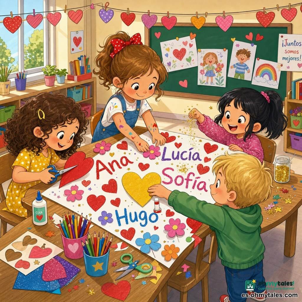 Hay cuatro niños: Ana, niña de 6 años, pelo castaño rizado, con vestido amarillo de lunares blancos, sentada a la izquierda cortando un gran corazón rojo con tijeras y sonriendo; Lucía, niña de 6 años, pelo castaño claro recogido con lazo rojo, de pie al centro detrás de la mesa pegando una flor de papel, con expresión traviesa y manos manchadas de pintura; Sofía, niña de 6 años, pelo negro en coletas, con suéter rosa brillante, sentada a la derecha esparciendo purpurina dorada sobre un nombre y riendo; Hugo, niño de 6 años, pelo rubio corto, pequeño, de pie al frente a la derecha pegando un corazón amarillo en el centro del cartel y mirando a los demás con orgullo. Están en un aula luminosa con grandes ventanas, mesas bajas de madera clara y materiales de manualidades por la mesa; los cuatro colaboran alrededor de una gran cartulina blanca llena de corazones rojos, nombres coloridos y flores de papel, en una escena alegre, táctil y colorida centrada en el cartel y las manos trabajando juntas.