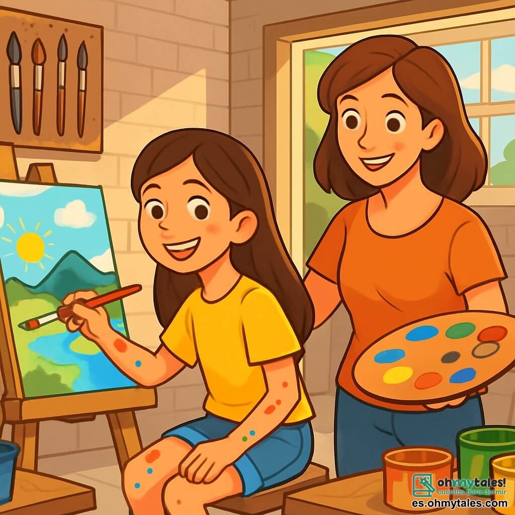 Una niña de 10 años, con largos cabellos castaños y ojos brillantes de alegría, está pintando un paisaje colorido en un lienzo. Lleva una camiseta amarilla brillante y un short de mezclilla, con salpicaduras de pintura en los brazos. A su lado, su madre, una mujer de unos 35 años, con cabello castaño y una sonrisa cálida, la anima sosteniendo una paleta de colores vivos. Están en un garaje convertido en estudio de arte, lleno de pinceles, lienzos y botes de pintura. La luz del sol entra por una ventana, iluminando el espacio de manera alegre. La escena principal muestra a la niña concentrada y entusiasta, creando una obra de arte inspirada en su verano lleno de aventuras.