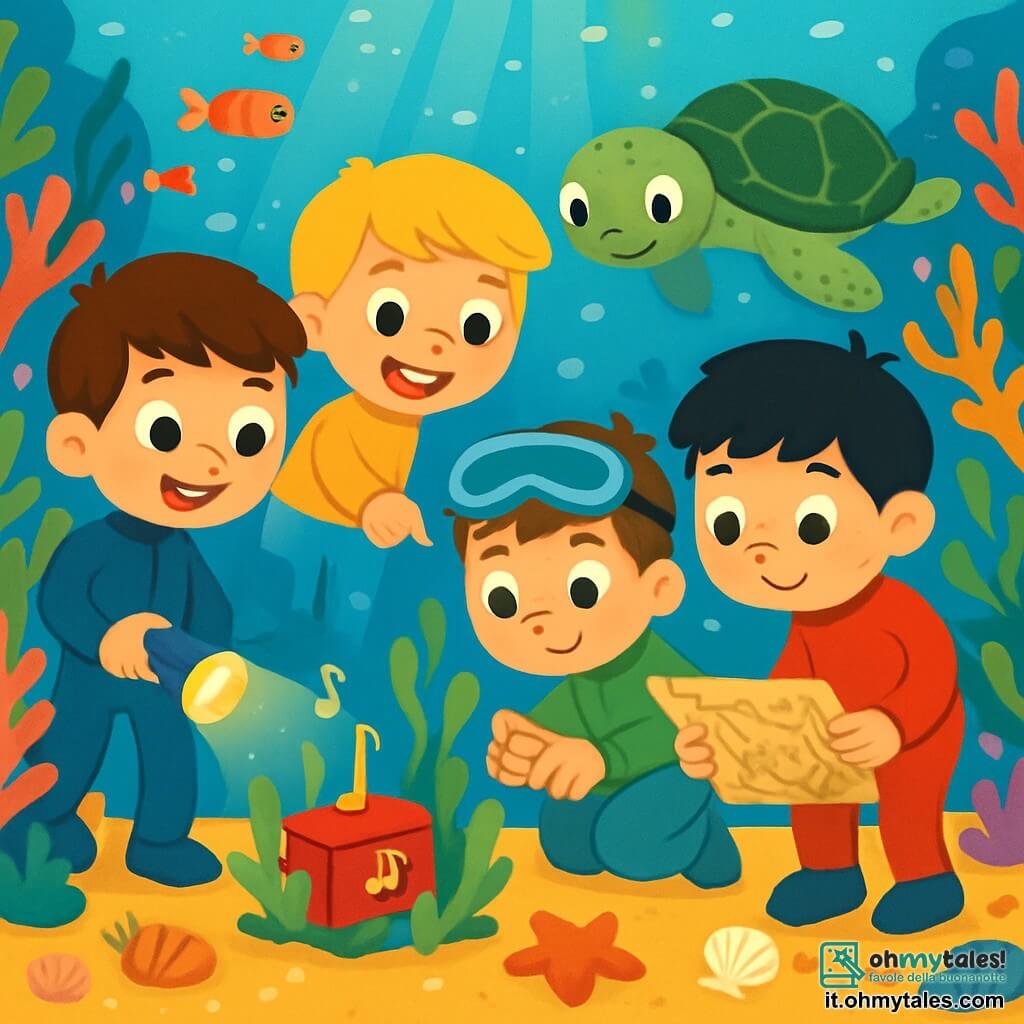 Ci sono 4 bambini: - Luca: un ragazzo di 8 anni, con capelli castani e occhi vivaci. Indossa una muta blu e tiene una piccola torcia. È in prima linea, guardando con eccitazione verso l'acqua. - Marco: un ragazzo di 7 anni, con capelli biondi e un grande sorriso. La sua muta è gialla. È leggermente indietro, indicando una stella marina brillante sulla sabbia. - Matteo: un ragazzo di 6 anni, con capelli castani e occhiali da sub sulla fronte. Indossa una muta verde. È accovacciato, esaminando una mappa del tesoro. - Nico: un ragazzo di 7 anni, con capelli neri e lentiggini sul naso. La sua muta è rossa. È accanto a Matteo, curioso di vedere la mappa. La scena principale si svolge in un meraviglioso giardino sottomarino, pieno di coralli colorati, pesci multicolori e raggi di luce che filtrano attraverso la superficie dell'acqua. Le alghe danzano dolcemente con le onde e conchiglie scintillanti sono sparse sulla sabbia dorata. I bambini scoprono una piccola scatola musicale nascosta tra le alghe, mentre una tartaruga amichevole li osserva, i loro volti illuminati dalla curiosità e dall'eccitazione per questa avventura sottomarina.