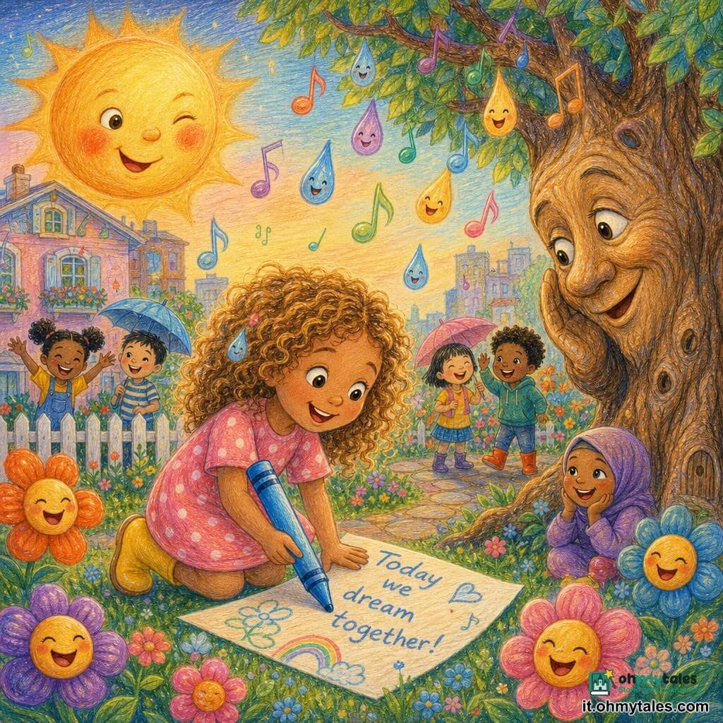 Una bambina di 6 anni, gioiosa e meravigliata, occhi grandi, capelli ricci color miele, vestito rosa a pois e stivaletti gialli, tiene una grande matita magica blu e scrive su un foglio steso per terra; un sole antropomorfo sorridente con guance rosate fa l'occhiolino, gocce di pioggia melodiose formano note colorate intorno a lei, un grande albero parlante si china come per sussurrarle una storia e fiori sorridenti costeggiano il prato: giardino urbano incantato con sentiero lastricato, recinto bianco, casa pastello e cielo sfumato arancio-blu, atmosfera ludica e fiabesca mentre la bambina esprime un desiderio con la sua matita magica.