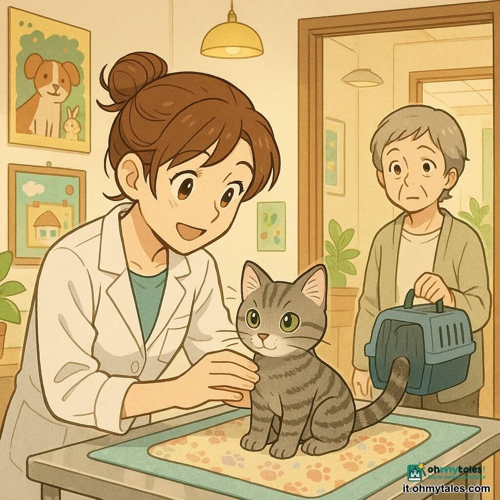 Veterinaria trentenne con capelli castani raccolti in chignon, volto dolce e sorriso rassicurante, guanti e mani posate delicatamente su Nocciola, un gattino grigio tigrato dagli occhi verdi seduto su un asciugamano morbido; proprietaria donna di circa 60 anni, capelli corti grigi e abbigliamento chiaro con un piccolo trasportino azzurro, in piedi vicino alla porta, un po' preoccupata ma paziente; un bambino di circa 6 anni con berretto a righe rosse e bianche conta pesci su un poster nella sala d'attesa visibile attraverso una grande finestra interna; la piccola clinica è calda e luminosa, tavolo d'esame metallico con tappetino pastello antiscivolo, pareti crema decorate con poster colorati e bacheca per bambini, lampade gialle sospese e piante in vaso, atmosfera serena e rassicurante che evoca cura e sicurezza.