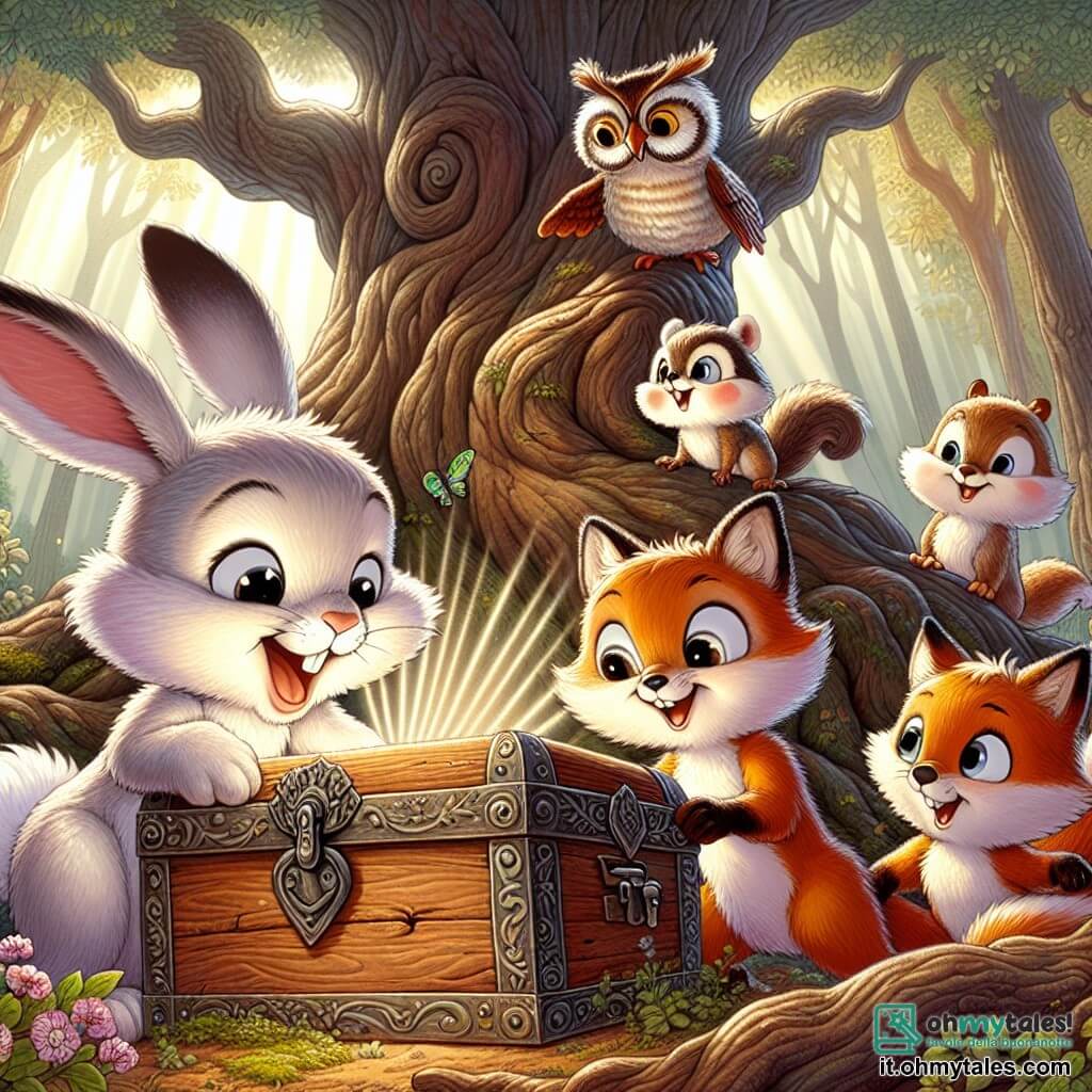 In una foresta incantata, Timo, un giovane coniglio dal pelo bianco setoso e dalle grandi orecchie, sta aprendo un vecchio baule di legno, il suo viso illuminato dall'eccitazione e dalla curiosità. Accanto a lui, Pippo, un piccolo scoiattolo dal pelo marrone e dalla coda folta, guarda con occhi scintillanti di entusiasmo, mentre si arrampica su un ramo basso per vedere meglio il contenuto del baule. Lulù, una volpe astuta con un pelo arancione brillante e occhi maliziosi, si tiene un po' in disparte, sorridendo divertita, pronta a saltare dall'eccitazione. Oscar, un saggio gufo dalle piume marroni e dai grandi occhi tondi, è posato su un ramo sopra di loro, osservando la scena con un'aria seria ma benevola, come se vegliasse sui suoi giovani amici. La scena si svolge vicino a una grande quercia maestosa, le cui radici nodose si estendono attorno al baule, mentre i raggi di sole filtrano attraverso le foglie, illuminando l'atmosfera magica della foresta. Timo e i suoi amici scoprono insieme un tesoro misterioso, una mappa antica che li porterà verso un'avventura incredibile, piena di promesse e misteri da esplorare.