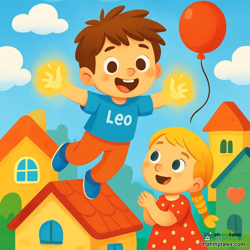 Un giovane ragazzo di nome Leo, con capelli castani arruffati e occhi scintillanti di gioia, si trova su un tetto colorato, con le braccia aperte, pronto a volare. Le sue mani brillano di una luce dorata e sfoggia un grande sorriso, pieno di determinazione ed entusiasmo. Ai suoi piedi, una bambina di circa 5 anni, con capelli biondi intrecciati e un vestito rosso a pois bianchi, guarda Leo con ammirazione. Tiene un palloncino rosso che fluttua nel cielo, i suoi occhi sono spalancati dallo stupore. Lo scenario è una città gioiosa, con case dai colori vivaci, finestre a forma di cuore e nuvole soffici che galleggiano in un cielo blu splendente. La scena principale mostra Leo mentre si lancia in aria per afferrare il palloncino della bambina, mentre lei lo incoraggia con un sorriso radioso, creando un'atmosfera piena di energia e magia.