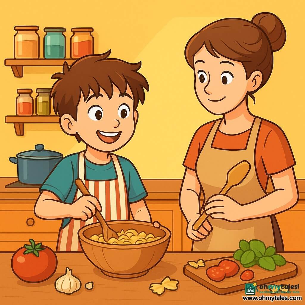 A ten-year-old boy, Leo, with messy brown hair and sparkling eyes full of curiosity, stands in the center of the kitchen. He wears a large striped apron that is a bit too big for him and smiles proudly while mixing ingredients in a big wooden bowl. Next to him, his mom, a woman in her thirties with brown hair tied in a bun, watches him encouragingly, holding a wooden spatula. The kitchen is warm and inviting, with bright yellow walls, shelves filled with colorful spice jars, and fresh vegetables arranged on the wooden countertop. Leo is preparing a pasta dish, with ingredients scattered around him, while a sweet aroma of tomatoes and herbs fills the air.
