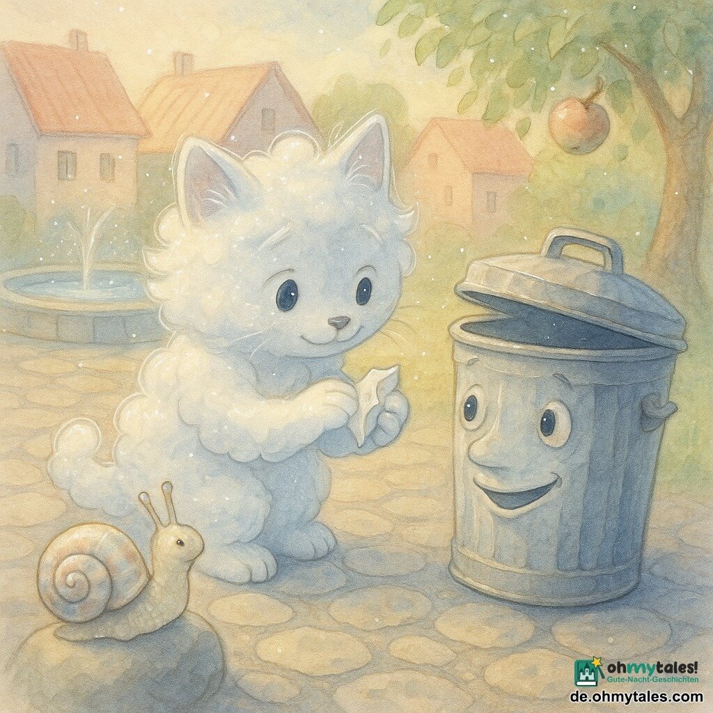 Lumo, eine halb Katze, halb Wolke Kreatur mit perlgrauem, silbrig schimmerndem Flaum, runden sanften Augen und schüchternem Lächeln, leicht vorgebeugt und ein zerknittertes Papier zwischen den Pfoten haltend; eine kleine Schnecke mit schimmerndem Körper und marmorierter Schale sitzt links auf einem Stein, aufmerksam beobachtend; rechts eine abgenutzte Metallmülltonne mit einer Delle wie ein Mund und halb geöffnetem Deckel wie ein Lid, wohlwollend überrascht und das Papier empfangend; Szene auf einem Platz mit groben runden Kopfsteinpflaster, einem kleinen Spiegelbrunnen im Hintergrund, pastellfarbene Häuser und geneigte Dächer, im Hintergrund ein Apfelbaum, von dem eine Frucht sanft ins Gras fällt; ruhiger, intimer Morgenmoment, in dem Lumo nachdenklich das Papier in die Tonne zurücklegt, sanftes Morgenlicht, friedliche Atmosphäre und Aufmerksamkeit für kleine Gesten.