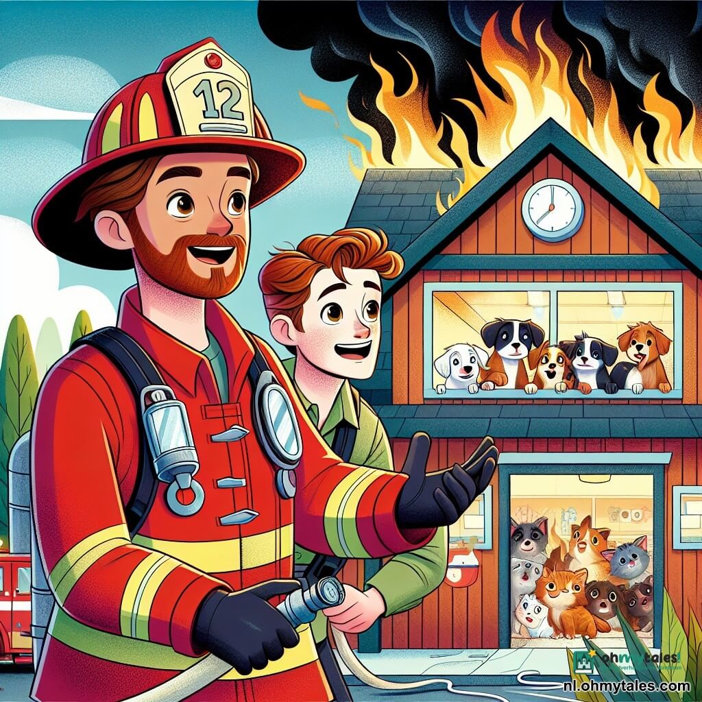Een jonge vrouwelijke brandweerman, Luna, met bruin haar in een paardenstaart, draagt een felrode uniform en een glanzende helm. Haar gezicht straalt vastberadenheid en moed uit, haar ogen fonkelen van opwinding terwijl ze een grote brandslang vasthoudt. Naast haar staat een brandweerman van ongeveer 30 jaar met een rode baard en een geruststellende glimlach, die haar aanmoedigt terwijl hij naar het brandende gebouw wijst. De locatie is een houten dierenwinkel, omringd door groene bomen, met grote ramen waarachter geschrokken dieren te zien zijn. Zwarte rook komt van het dak, wat een dramatisch contrast vormt met de heldere blauwe lucht. De hoofdscène toont Luna en haar collega die zich voorbereiden om het vuur te blussen, terwijl dieren, zoals puppy's en kitten, zich achter de ramen verschuilen, met grote hoopvolle ogen.