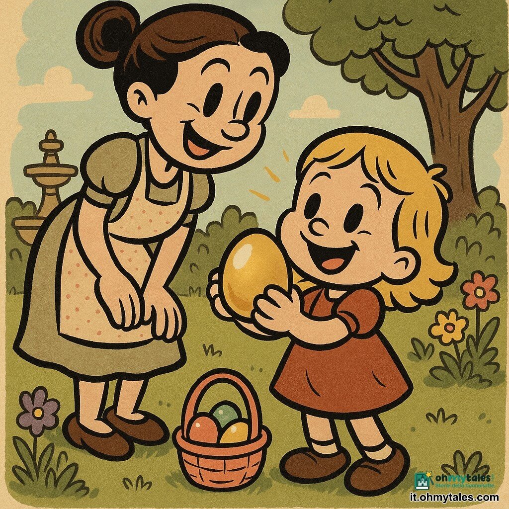 Bambina di 4 anni dal viso tondo e capelli biondo dorati a ciocche, sorriso raggiante, tiene un grande uovo d'oro scintillante e accanto ha un piccolo cestino rosa con uova colorate; la madre, intorno ai 30 anni, capelli castani raccolti in uno chignon, in abito chiaro con grembiule a motivi e sorriso tenero, è dietro di lei chinata come per congratularsi; giardino soleggiato con prato verde, aiuole fiorite viola, gialle e rosa, una piccola fontana di pietra a sinistra e l'ombra di un grande albero a destra sotto un cielo azzurro pallido; scena principale: caccia alle uova di Pasqua felice — la bambina ha appena trovato l'uovo d'oro e lo mostra con orgoglio alla madre, atmosfera luminosa, colori vivaci, texture semplici e contorni morbidi in stile cartoon retrò.