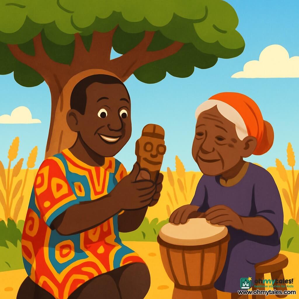 A man named Maaba, in his fifties, with a broad smile and gentle eyes, stands under a large baobab tree with thick green leaves. He wears a colorful tunic adorned with African patterns and holds a small wooden totem in his hands, gazing in wonder at the sculpture he has created. Next to him, an elderly woman, around 70 years old, with silver hair and a wrinkled face, sits on a small wooden stool, gently tapping a drum that produces warm sounds resonating in the air. The setting is a sunny clearing surrounded by golden millet fields swaying in the wind, with a bright blue sky and a few floating white clouds. The main scene shows Maaba, emotional and proud, sharing his story with the old woman, while the drum echoes, creating an atmosphere of memory and tradition in this peaceful setting.