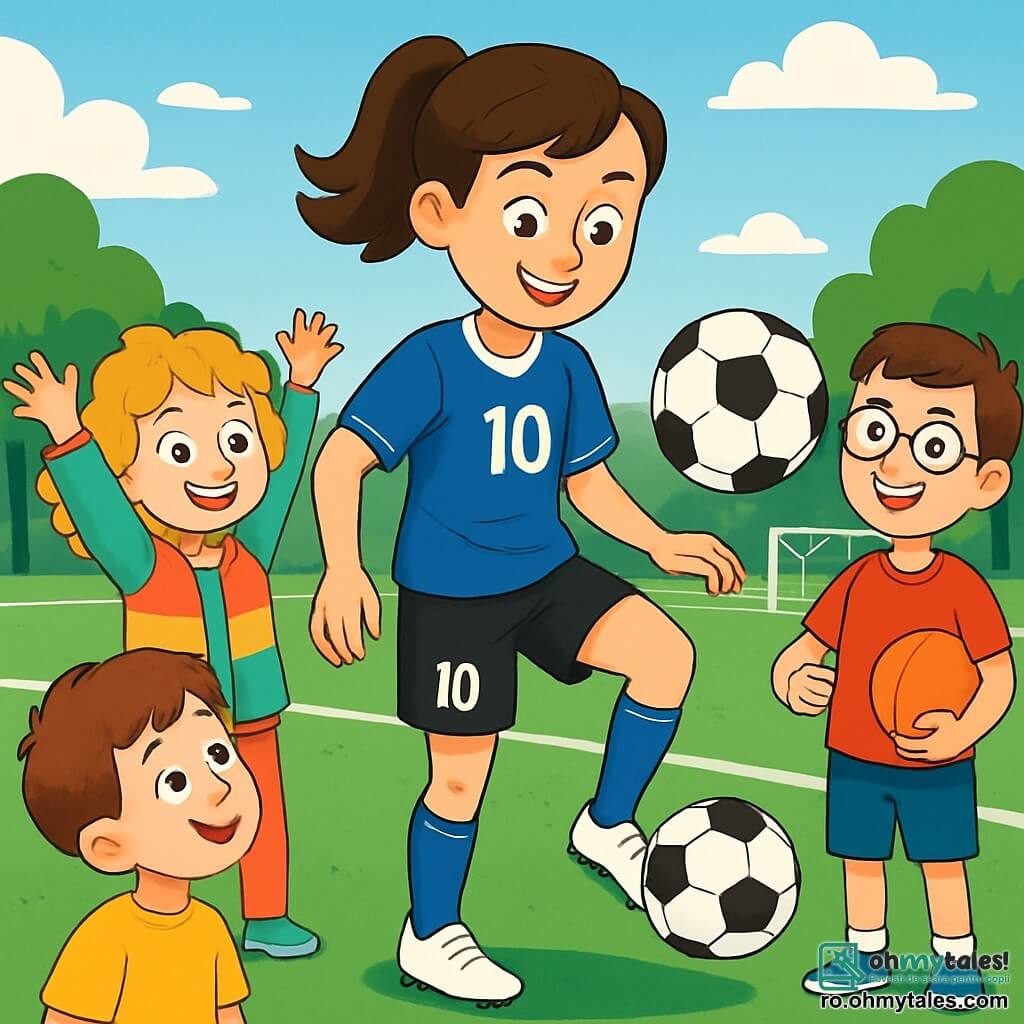 O tânără, Mara, este în centrul imaginii, cu părul brun prins în coadă de cal, un zâmbet cald și ochi strălucitori de determinare. Ea poartă un tricou de fotbal albastru cu numărul 10, pantaloni scurți negri și adidași albi. Este în timp ce jonglează cu o minge de fotbal, înconjurată de mai mulți copii admirativi. Ilinca, o fetiță de 8 ani cu părul blond creț și o jachetă colorată, își ridică brațele în aer cu entuziasm, pregătită să învețe. Lângă ea, un băiat de 9 ani, Alex, cu ochelari și un tricou roșu, ține o minge sub braț, cu ochii strălucind de excitație. Scena se desfășoară pe un teren de fotbal verde, cu linii albe bine definite și porți la capete. În fundal, se văd copaci și un cer albastru presărat cu nori albi. Mara, plină de energie și bucurie, le arată copiilor cum să dribleze mingea, în timp ce ei o observă atent, nerăbdători să reproducă gesturile ei.