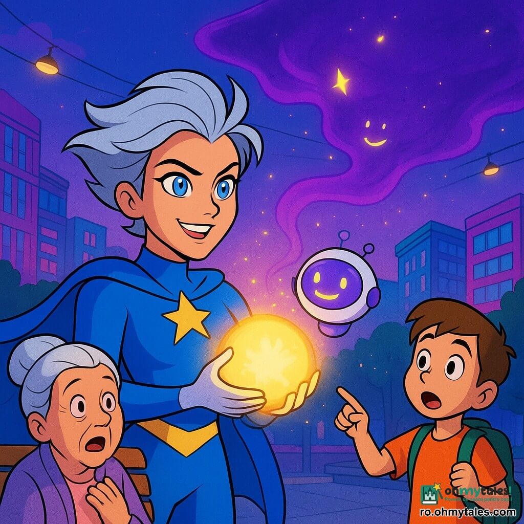 Nova Luminia este o supereroină, față hotărâtă și zâmbitoare, ochi albastru-argintiu, păr scurt argintiu băgat în vânt, ținând între mâini o bilă de lumină aurie pulsatoare care îi luminează fața; un mic robot-IA numit PIP, dronă rotundă violet-albă cu ecran ce afișează un zâmbet, plutește lângă umărul ei drept și privește norul; o femeie în vârstă de 70 de ani, păr alb în coc, stă pe o bancă în parc în prim-plan stânga, cu gura deschisă de surpriză și mâna la inimă; un băiat de 8 ani cu păr brun scurt și rucsac în prim-plan dreapta indică norul; scena are loc pe piața mare din fața primăriei de sticlă și metal, cu clădiri neon roz și albastre în fundal și linii de tramvai suspendate sclipind; un nor violet strălucitor coboară din cer ca o plapumă satinată, părând să aspire scântei și zâmbete desenate în jurul locuitorilor; acțiunea principală: Nova concentrează lumina într-un scut rotund translucid care respinge norul violet, contrast puternic și dramatic între aur cald și voalul violet, stil culori saturate și contururi clare specifice desenelor animate din anii '90.