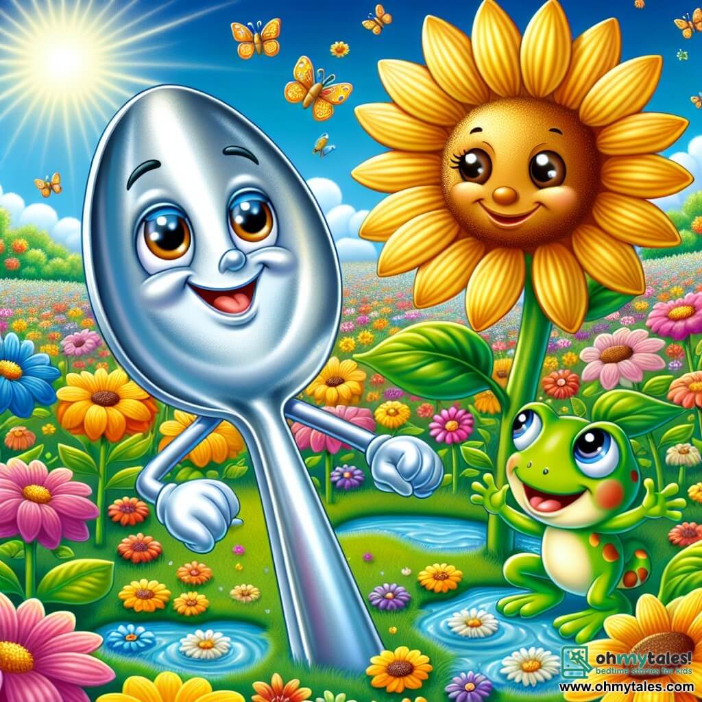 In the center of the image, a small shiny metal spoon named Sammy is joyfully dancing in a colorful flower field. Sammy has sparkling eyes and a radiant smile, with silver reflections shimmering in the sunlight. To his right, a large smiling yellow sunflower leans toward him, its petals vibrant with joy. It has round eyes and a friendly face, seeming to encourage Sammy to dance with it. To his left, a small green frog with brown spots is happily jumping on a lily pad, splashing water around. It has a mischievous look and seems to be laughing, adding to the festive atmosphere. The setting is a beautiful enchanted garden filled with bright flowers, fluttering butterflies, and a clear blue sky dotted with fluffy clouds. The sun shines, creating a warm and joyful ambiance. The main scene shows Sammy the spoon dancing with his new friends, the flower and the frog, celebrating their friendship in this magical place filled with laughter and happiness.