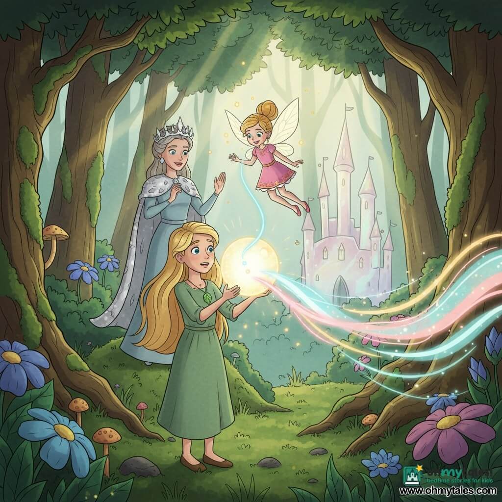 A small fairy named Sparkle with a joyful face, sparkling eyes and translucent leaf-shaped wings hovers above a glowing Orb emitting golden sparks while 10-year-old Lily, long blond hair and a green linen dress, stands in the center of a forest glade holding the Orb with a relieved, awed expression; behind her on a small mound the elegant Fairy Queen with a silver petal crown and crystalline cape raises her hands in blessing; Lily’s leaf-shaped pendant sends a blue thread of light linking the Orb to Sparkle, ancient knotty trees, emerald moss, glowing mushrooms and giant blue-violet flowers surround the clearing, a translucent crystal castle reflects pink and green halos in the background, and together Sparkle and Lily restore magic as warm, colorful light waves spread through the forest.