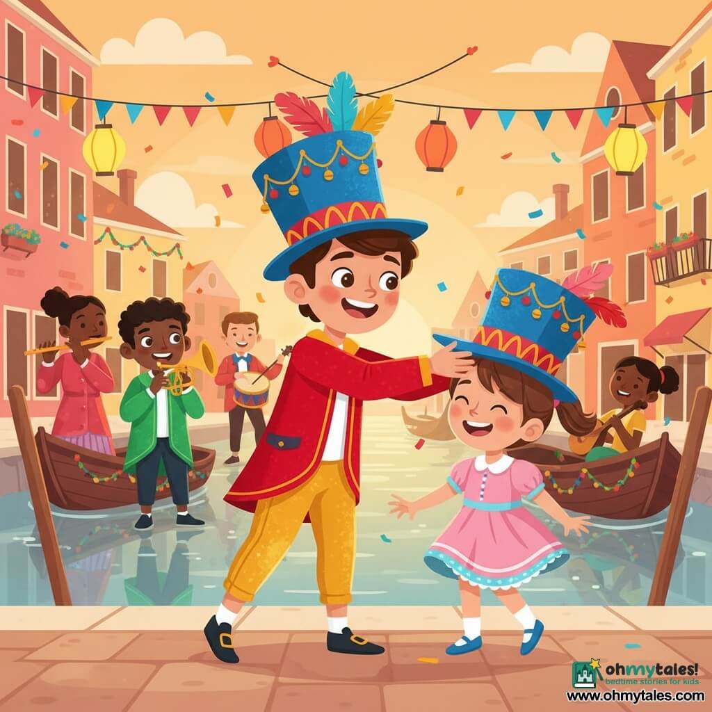A cheerful 8-year-old boy with sparkling eyes and a wide grin, wearing a red velvet jacket, gold trousers and a tall blue hat with colorful feathers and tiny silver bells, stands by a canal offering his hat to a shy, wonder-filled 6-year-old girl in a simple dress with a brown ponytail who laughs and spins at his right; Matteo, about 8, in a shiny jacket holds a trumpet and smiles bravely a little behind to the left near musicians beginning to play, while a sunset canal festival unfolds in the background with decorated boats, floating lanterns, multicolored confetti and pastel houses reflected in the water—warm, convivial scene focused on the magical hat exchange, jingling bells, illuminated faces, warm pink-orange-gold tones, clean lines and soft late-afternoon light.