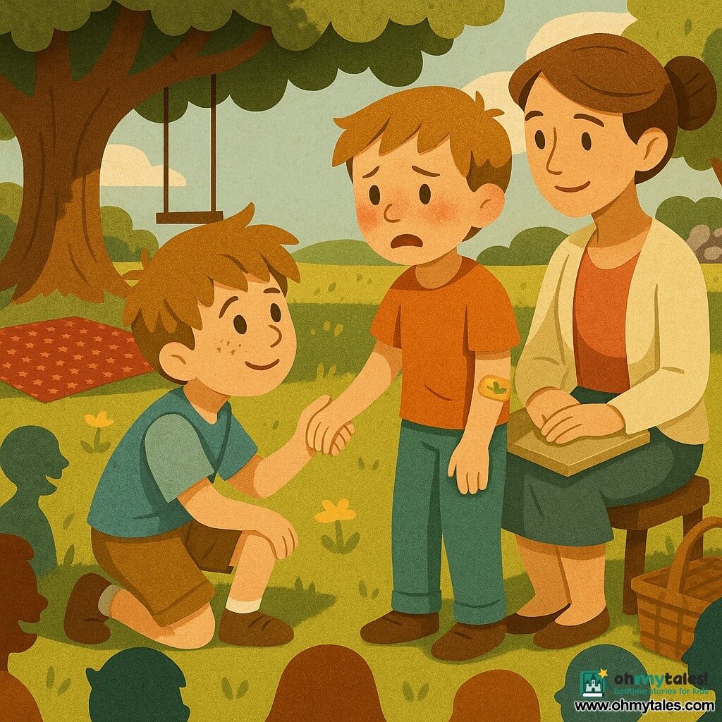 An 8-year-old boy, Tommy, round freckled face, messy light brown hair, brave gentle expression, crouches reaching out to comfort his classmate; another 8-year-old, Lucas, pale with slightly red eyes and a small dinosaur plaster on his forearm, stands clumsily relieved to confess that he climbed the tree to retrieve a kite and was hurt; Mrs. Reed, a woman teacher in her 30s–40s with brown hair in a bun and a calm, understanding smile, sits on a small stool with a beige notebook on her lap; other children sit in a colorful circle, a picnic blanket, checkered throws and a wicker basket on grassy ground under a large oak with dappled shade, warm colors, crisp shapes and layered paper textures capture the tense but soothing moment of confession and Tommy’s support.