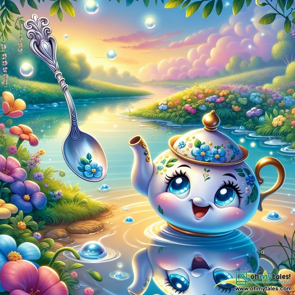 An illustration depicts a small porcelain teapot with a shiny body adorned with dancing blue flowers. It has sparkling eyes of curiosity and a radiant smile, standing near an enchanted river, marveling at its reflection in the water. Nearby, an old silver spoon with a twisted handle and a wise expression observes the teapot with a benevolent smile, as if sharing a precious secret. The main setting is a shimmering river surrounded by colorful flowers and lush greenery under a pastel sky at sunset, creating a magical and peaceful atmosphere. The main scene shows the teapot discovering its reflection in the water, realizing that happiness lies within itself and in the love of its friends, while the wise spoon encourages it to understand this truth. Additional graphic elements include floating light bubbles around the teapot, flowers dancing in the breeze, and vibrant colors evoking joy and discovery.