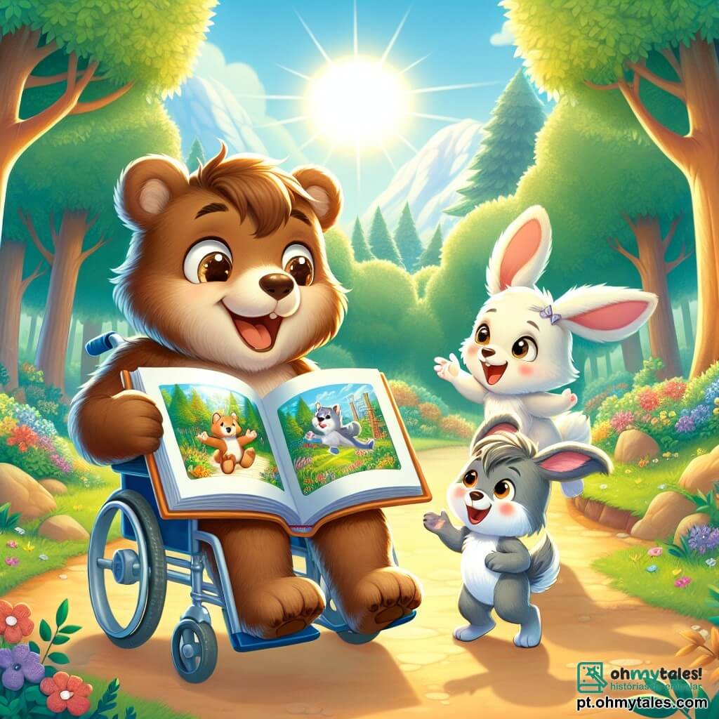 Um jovem urso chamado Beto, com pelagem marrom suave e olhos brilhantes de alegria, está sentado em sua cadeira de rodas, sorrindo amplamente enquanto mostra um grande livro ilustrado a seus amigos. Ao seu lado, um pequeno lobo chamado Leco, com pelagem cinza brilhante e uma expressão de empolgação, aponta para uma imagem no livro, em pé sobre suas patas traseiras. Não muito longe, uma coelhinha chamada Nina, com longas orelhas e pelagem branca brilhante, salta de alegria, seus olhos brilhando de entusiasmo, pronta para compartilhar suas ideias para uma nova aventura. A cena acontece em uma clareira ensolarada da floresta encantada, cercada por árvores majestosas com folhas verdes vibrantes e flores coloridas espalhadas pelo chão. Os raios de sol filtram-se através dos galhos, criando uma atmosfera acolhedora. A situação principal mostra Beto e seus amigos discutindo alegremente suas ideias para criar um jogo inclusivo, ilustrando a beleza da amizade e da inclusão em um ambiente natural encantador.