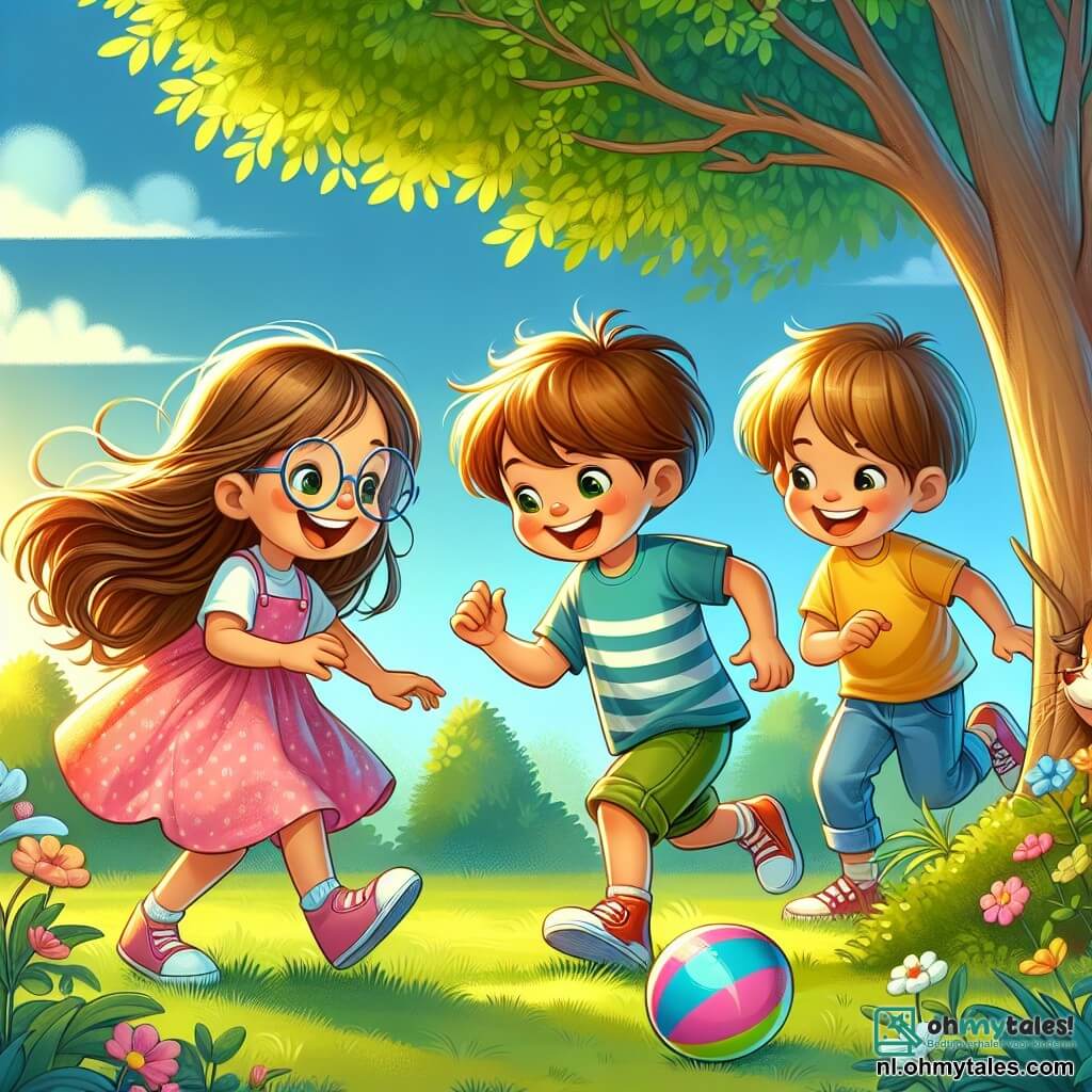 Drie kinderen spelen samen in een zonnig park. Luna, een 8-jarig meisje met lang bruin haar en ronde brillen, glimlacht blij terwijl ze een kleurrijke bal vasthoudt. Ze draagt een roze jurk met witte stippen. Tom, een 7-jarig jongetje met rommelig blond haar en een blauwe t-shirt, lacht terwijl hij naar de bal rent. Hij heeft groene shorts en rode sneakers aan. Sam, een 8-jarige jongen met kastanjebruin haar en een stralende glimlach, zit bij een boom en wijst naar de bal die onder de takken is gerold. Hij draagt een gele t-shirt en een spijkerbroek. Het park is groen met grote bomen, kleurrijke bloemen en een blauwe lucht met donzige witte wolken. De kinderen zoeken de verloren bal onder een boom, vol opwinding en vriendschap, wat het belang van vriendschap en teamwork illustreert.