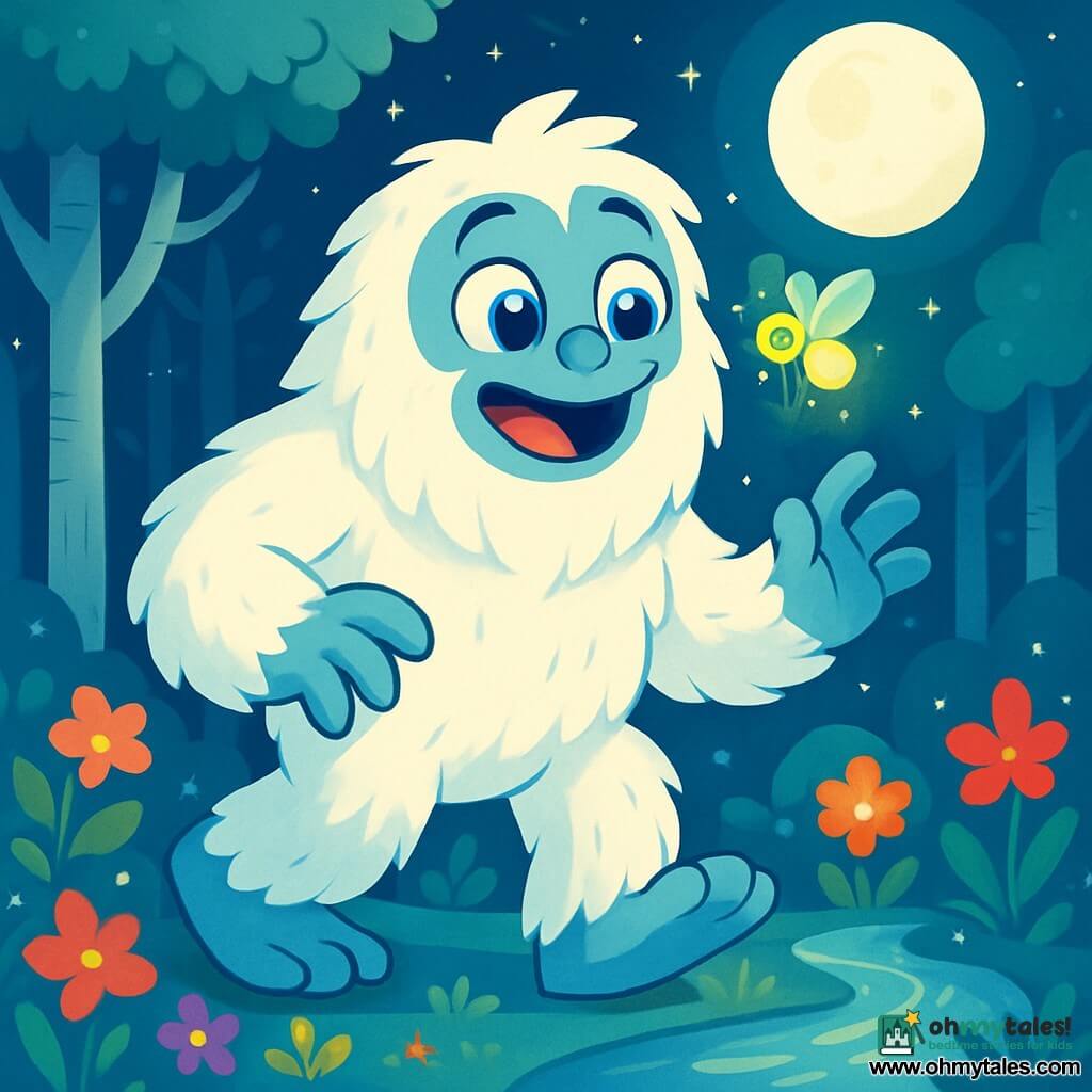 Yani, the yeti, is a large figure with fluffy white fur and bright sapphire-like eyes. He has a look of wonder on his face, with his big paws raised as if ready for an adventure. Next to him, a small, sparkling green firefly joyfully flits around his nose, encouraging him to explore. The setting is a shimmering forest, with silver-trunked trees and colorful flowers that seem to dance in the night breeze. The moon shines brightly in the sky, casting a soft silver light on Yani's path. The main scene shows Yani, intrigued and curious, ready to follow the firefly through the magical forest, where twinkling stars reflect in a softly murmuring stream.