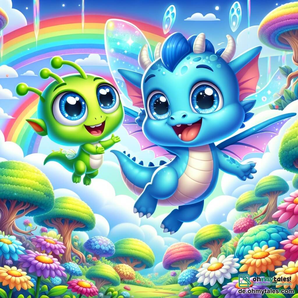 Ein kleiner blauer Drache namens Zippy mit glänzenden Schuppen und funkelnden Augen fliegt lachend am Himmel, während seine kleinen durchsichtigen Flügel schnell schlagen. Neben ihm schwebt ein kleiner grüner Außerirdischer namens Glibber mit großen leuchtenden Augen und einem freundlichen Lächeln, der von der Schönheit der Landschaft begeistert ist. Sie befinden sich über einem weitläufigen verzauberten Garten, gefüllt mit bunten Blumen, die in der Sonne funkeln, und Bäumen mit spiralförmigen Stämmen. Die Hauptsituation zeigt Zippy und Glibber, die zusammen spielen, lachen und im Nebel tanzen, während ein strahlender Regenbogen hinter ihnen erscheint und ihrem Abenteuer einen magischen Touch verleiht.