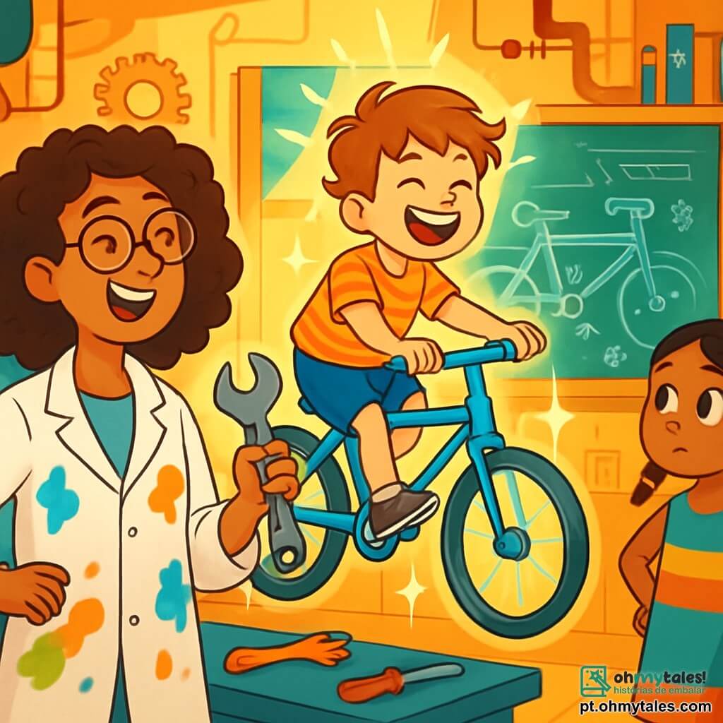 Sofia, uma inventora de cabelos cacheados e óculos redondos, sorri entusiasticamente em seu laboratório. Ela usa um jaleco branco manchado de tinta e segura uma chave inglesa, olhando com orgulho para uma linda bicicleta flutuante que brilha sob a luz do sol. Ao lado dela, Lucas, um menino de 8 anos com cabelo despenteado e uma camiseta listrada, ri alegremente enquanto experimenta a bicicleta, seus olhos brilhando de excitação. Ana, uma menina de 7 anos com tranças e um vestido colorido, observa atentamente, com as mãos na cintura, pronta para compartilhar sua própria ideia de invenção. O laboratório está cheio de máquinas estranhas, planos desenhados em quadros e cores vibrantes, com engrenagens girando e luzes piscando. Prateleiras transbordam de livros e ferramentas, criando uma atmosfera mágica e inspiradora. A cena principal mostra Sofia e as crianças testando a Cicloflutua, a bicicleta flutuante, em meio a risadas e descobertas, simbolizando a alegria da invenção e da criatividade.