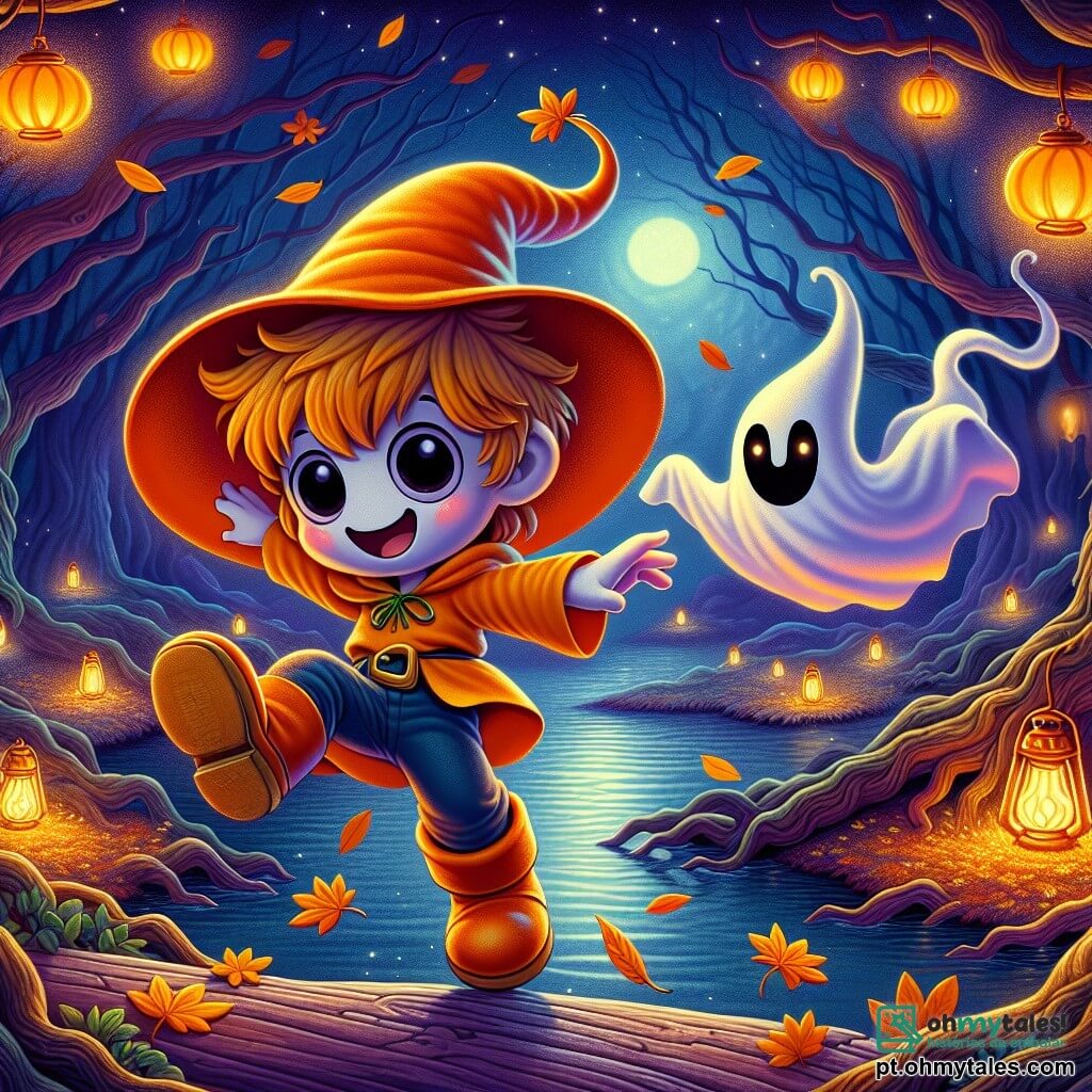 Bolota, um pequeno duende com um gorro laranja brilhante e botas cor de pêssego, exibe um grande sorriso curioso em seu rosto travesso. Ele está dançando alegremente à beira do lago Nebuloso, cercado por lanternas flutuantes que brilham na noite escura. Ao seu lado, Pipoco, um fantasminha com um lençol branco amassado e olhos cintilantes, flutua no ar, mostrando uma expressão divertida e travessa. O cenário é uma floresta encantada, onde árvores de troncos tortuosos estão adornadas com teias de aranha brilhantes sob a luz da lua. Folhas douradas caem suavemente, adicionando um toque mágico à atmosfera de Halloween. A cena principal mostra Bolota e Pipoco se preparando para explorar a floresta, cheios de empolgação e curiosidade, prontos para descobrir os mistérios e tesouros escondidos desta noite especial.
