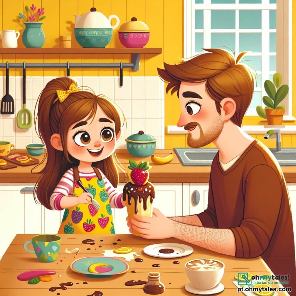 Uma menina de 6 anos, Ana, com longos cabelos castanhos e olhos brilhantes de alegria, está em uma cozinha bagunçada, com um grande sorriso no rosto. Ela usa um avental colorido com estampas de frutas e segura uma banana decorada com chocolate, orgulhosa de sua criação. Ao lado dela, seu pai, um homem de cerca de 30 anos, com cabelos castanhos e uma leve barba, observa a cena com um sorriso divertido, seus olhos brilhando de ternura. Ele está sentado à mesa, pronto para saborear o café da manhã surpresa da filha. A cozinha é iluminada e acolhedora, com paredes amarelas ensolaradas, uma mesa de madeira com pratos coloridos e respingos de suco de laranja no chão, testemunhando o esforço de Ana. A cena principal mostra Ana apresentando orgulhosamente seu café da manhã ao pai, ambos cheios de alegria e amor, em um ambiente caloroso e familiar, ilustrando a magia do Dia dos Pais.
