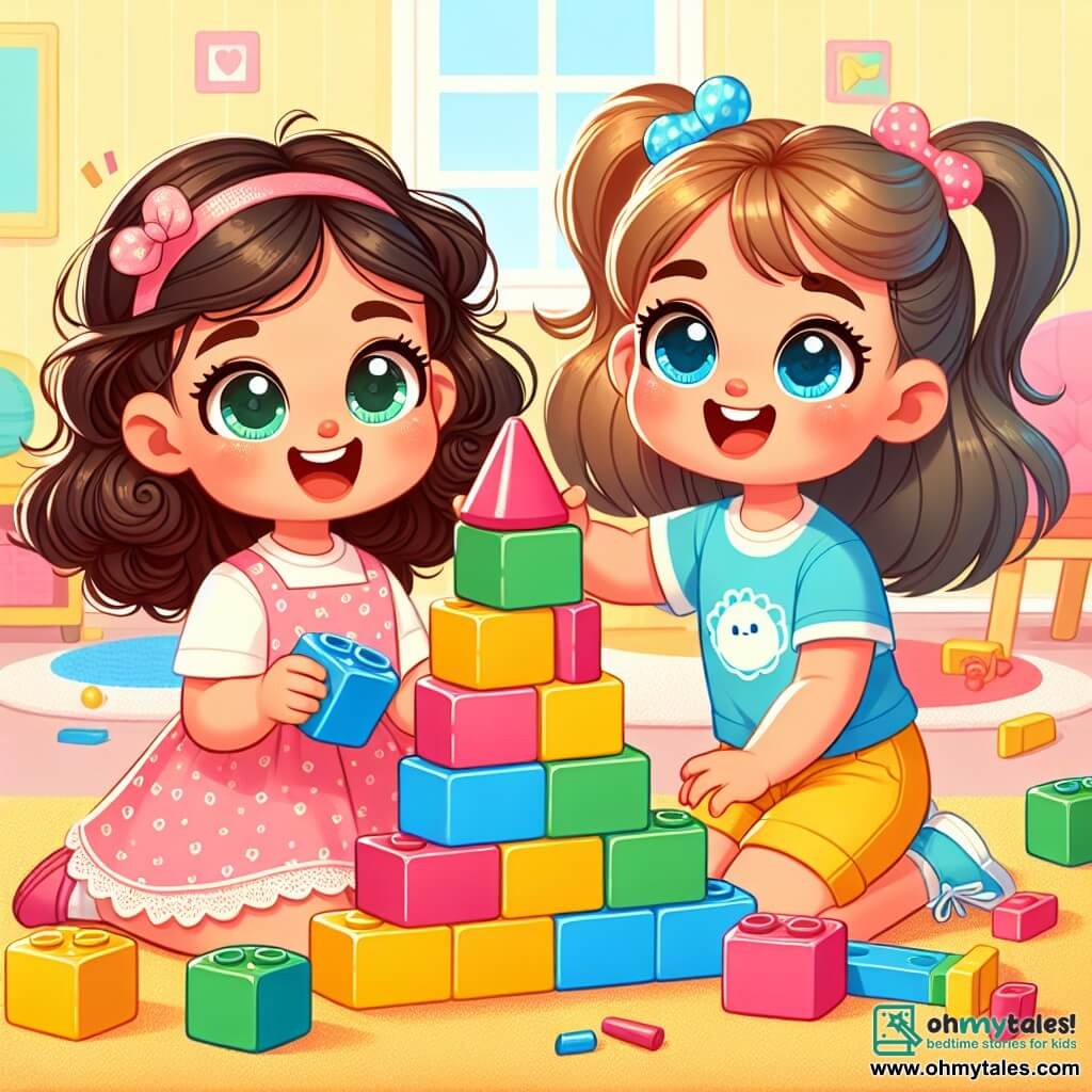 A 2-year-old girl named Anna, with big bright eyes and curly hair, joyfully smiles while stacking colorful blocks. She wears a pink dress with white polka dots and looks excited, her cheeks flushed with enthusiasm. Next to her, her best friend Mia, also 2 years old, has smooth black hair tied in two small pigtails. She wears a blue t-shirt and yellow shorts, raising her arms in the air, ready to add a blue block to the tower they are building together. The scene takes place in a bright room with pastel yellow walls. The floor is covered with a soft, fluffy carpet, and colorful toys are scattered around them, creating a joyful and welcoming atmosphere. Anna and Mia are building a tall block tower, but it has just collapsed, and they burst into laughter, ready to start their game again.