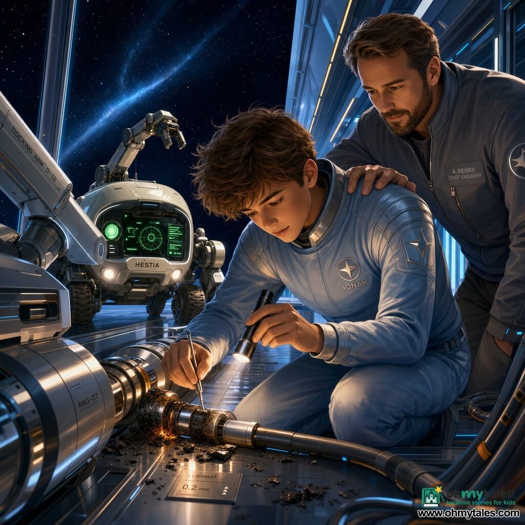 A young man (Jonah), focused and calm, tousled brown hair, wearing a pale blue lightweight spacesuit with silver insignia, kneels by a docking arm examining a small blackened metal burr; he holds a slim lamp and a precision tool, determined gaze. An adult engineer (≈40), short beard, gray technical jacket, stands slightly behind to the right with a hand on Jonah’s shoulder in a reassuring, respectful manner. A compact rover named Hestia with cream metallic shell and green lit screens is parked behind them, articulated arm raised and small headlights on. Setting: narrow space docking platform with glass and polished metal walls, twisted cables, aligned cylindrical magnets, scorched plates and slag fragments, distant starry black space with a pale blue solar sail ribbon. Main situation: precise nighttime repair — Jonah cleans a carbonized weld that misaligned a magnet, focused light on the hand and burr, technical silence and cooperation, sharp details, shiny metal textures and soft reflections, palette of deep blues, silver grays and warm orange near the heat spot.