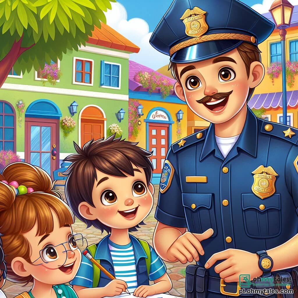 O personagem principal é um policial, o Sr. João, com um uniforme azul brilhante e um bom chapéu. Ele tem um grande sorriso acolhedor e olhos brilhantes de alegria, enquanto se inclina levemente para frente para falar entusiasticamente com as crianças. Entre os personagens secundários, está Ana, uma menina de 8 anos com cabelos castanhos e tranças, que escuta atentamente, com os olhos arregalados de admiração. Lucas, um garoto de 9 anos com óculos e cabelos loiros bagunçados, está ao lado dela, segurando um lápis e um caderno de desenho, pronto para anotar os conselhos do policial. A cena acontece em uma charmosa praça da cidade de Alegria, cercada por prédios coloridos, flores vibrantes e uma grande árvore no centro, onde as crianças se reuniram. O Sr. João explica às crianças a importância da segurança, incentivando-as a desenhar cartazes para conscientizar seus colegas, criando uma atmosfera alegre e colaborativa.